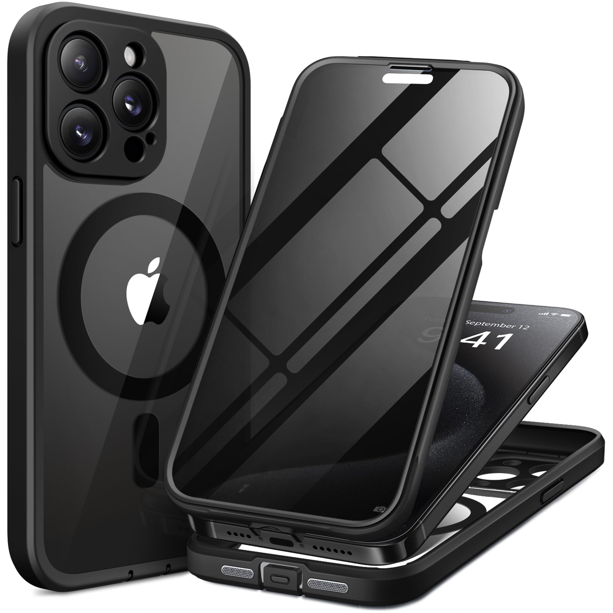 TIESZEN for iPhone 15 Case, Compatible with MagSafe, Built-in Privacy Screen Protector and Camera Protection, Anti Spy Full Body Dustproof Shockproof Hard Phone Case 6.1", Black