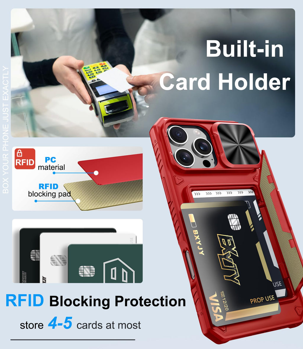 BXYJY for iPhone 15, iPhone 14, iPhone 13 Wallet Case with Card Holder(4-5 Cards), Slide Camera Cover, Military Drop & RFID Protection, Heavy Duty Women Men Phone Case for iPhone 15/14/13, Black