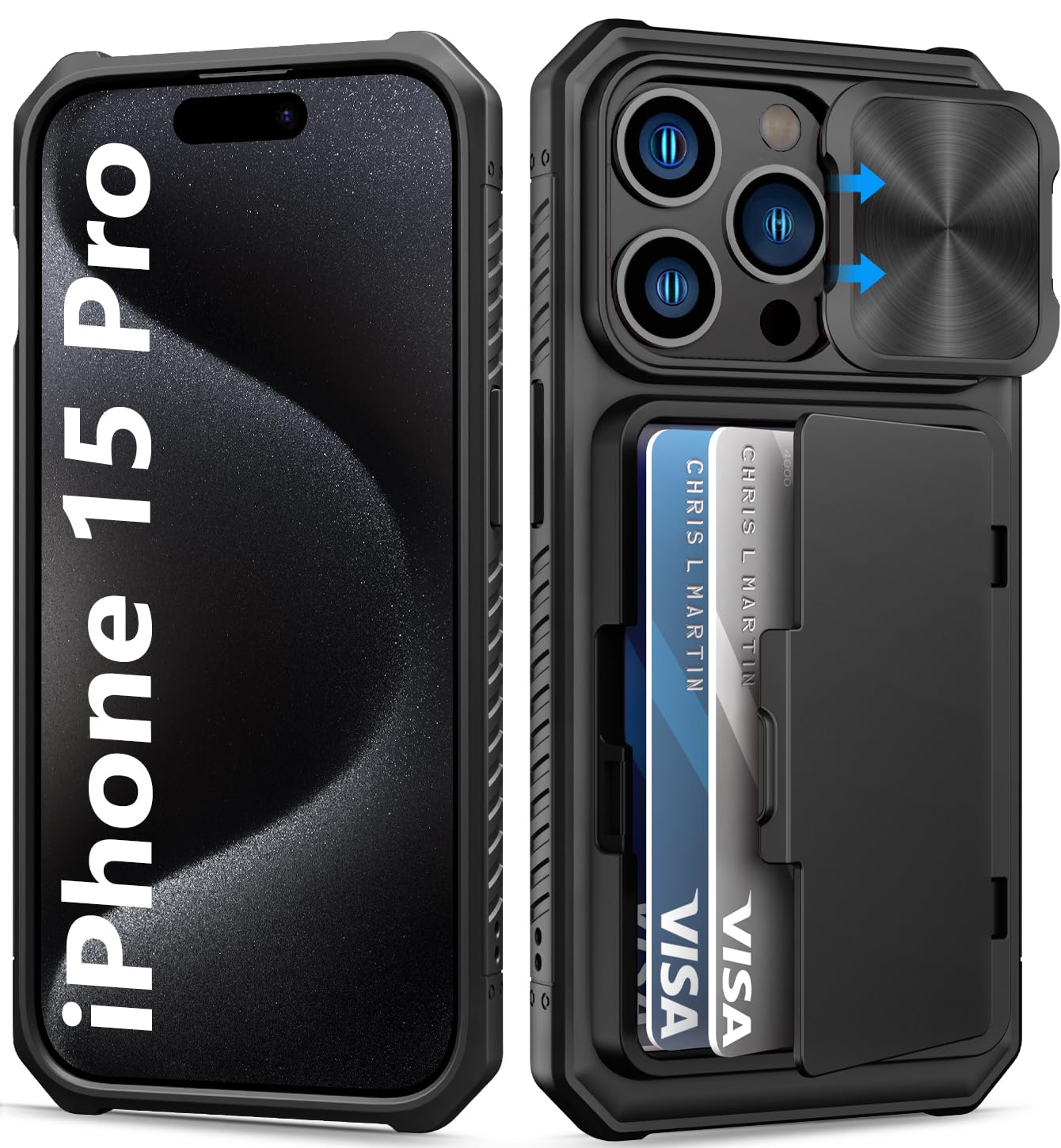 BXYJY for iPhone 15, iPhone 14, iPhone 13 Wallet Case with Card Holder(4-5 Cards), Slide Camera Cover, Military Drop & RFID Protection, Heavy Duty Women Men Phone Case for iPhone 15/14/13, Black