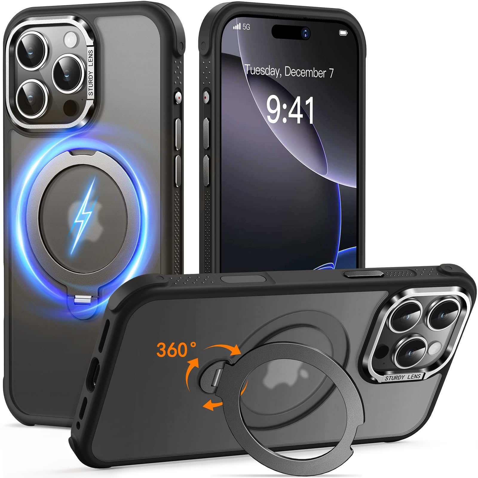 Reukdnv [Invisible 360° Spin Stand Magnetic Ring for iPhone 16 Pro Case [Compatible with MagSafe][Translucent Matte Back] Military Drop Protection Shockproof Cover with Kickstand 6.3", Deep Blue
