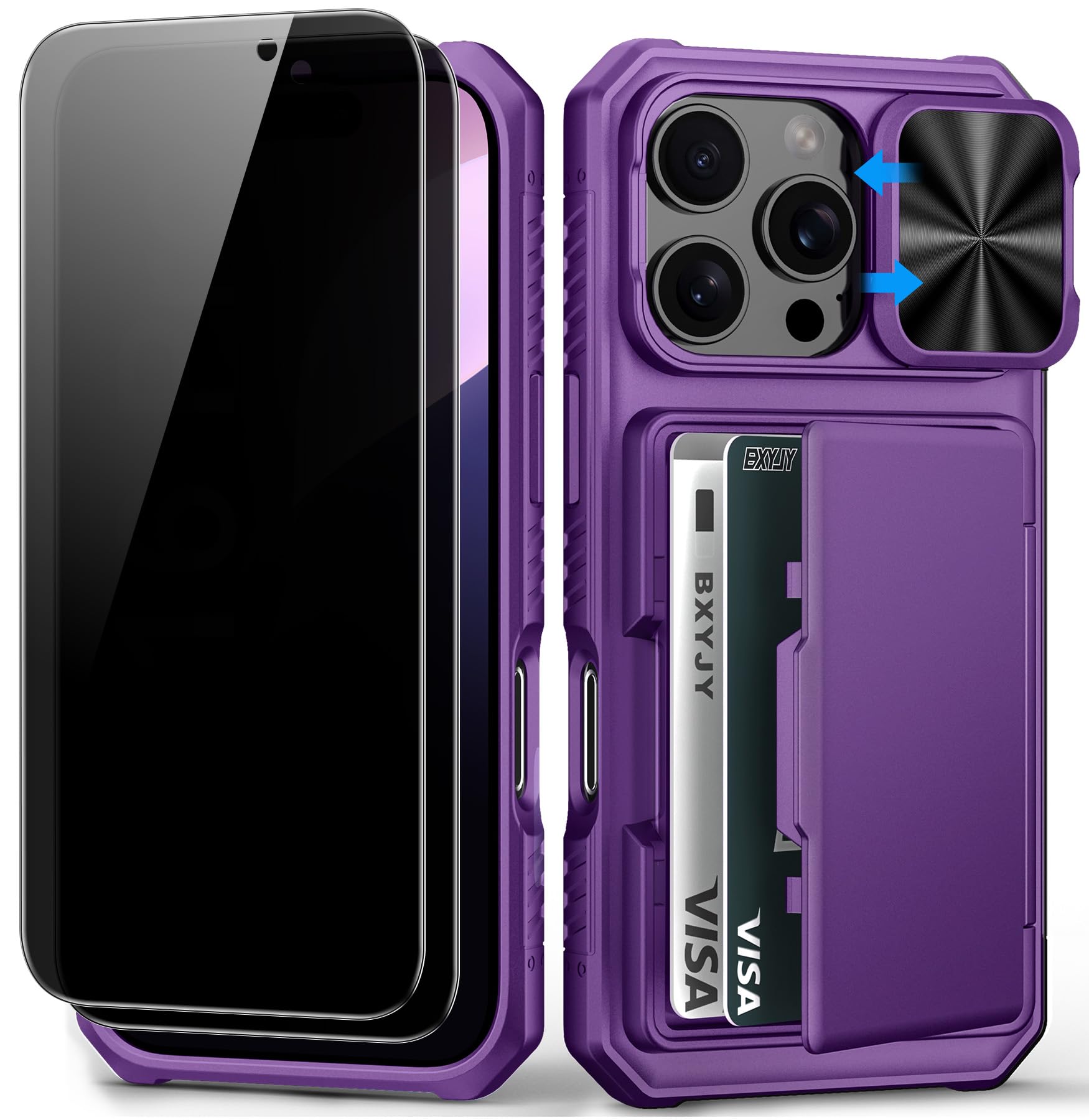 BXYJY for iPhone 15, iPhone 14, iPhone 13 Wallet Case with Card Holder(4-5 Cards), Slide Camera Cover, Military Drop & RFID Protection, Heavy Duty Women Men Phone Case for iPhone 15/14/13, Black