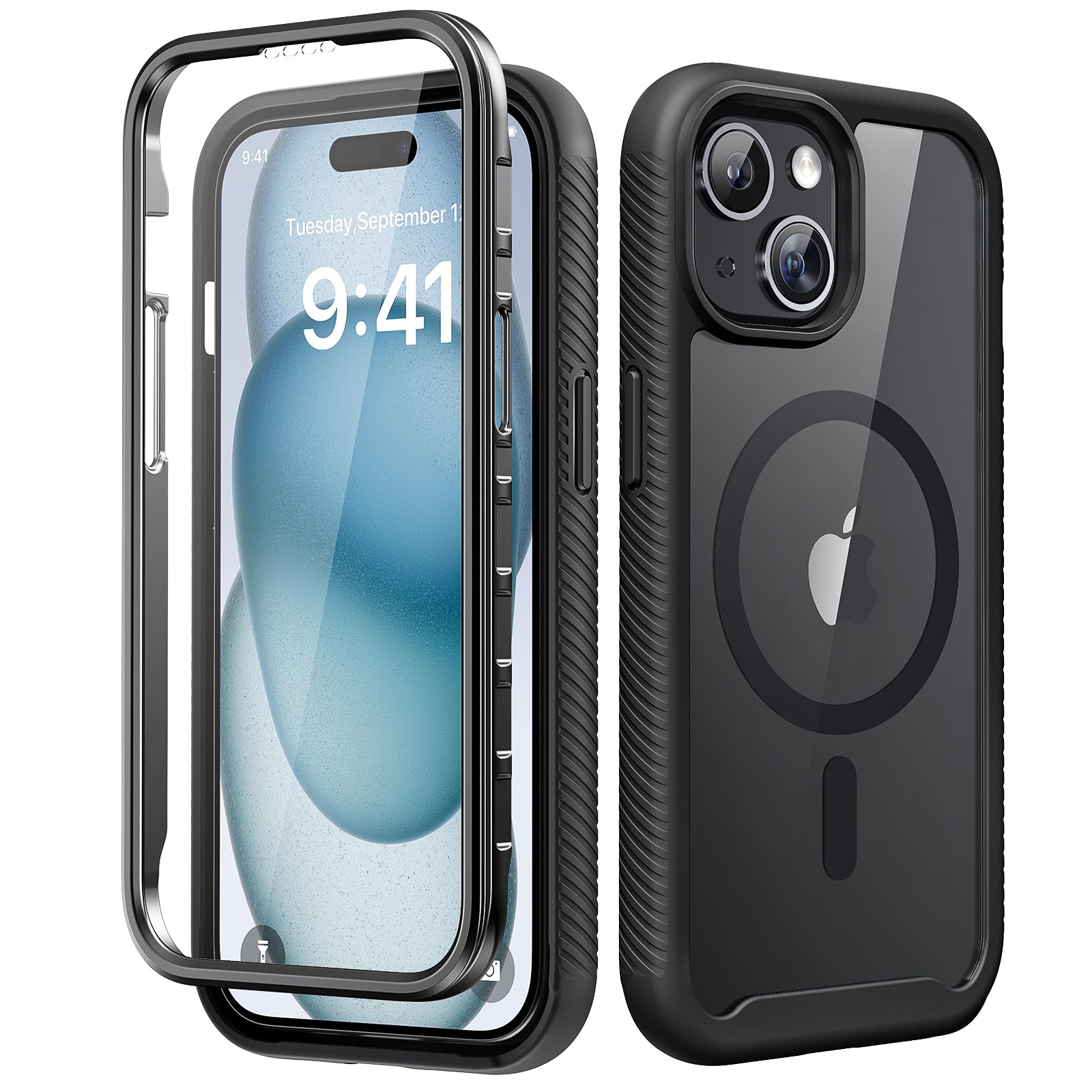 Magnetic for iPhone 15 Case with Built-in Sensitive Screen Protector, Full-Body Dual Front & Back Protective Phone Case [Compatible with MagSafe] Drop Proof 15 Cover 6.1 Inch, Black