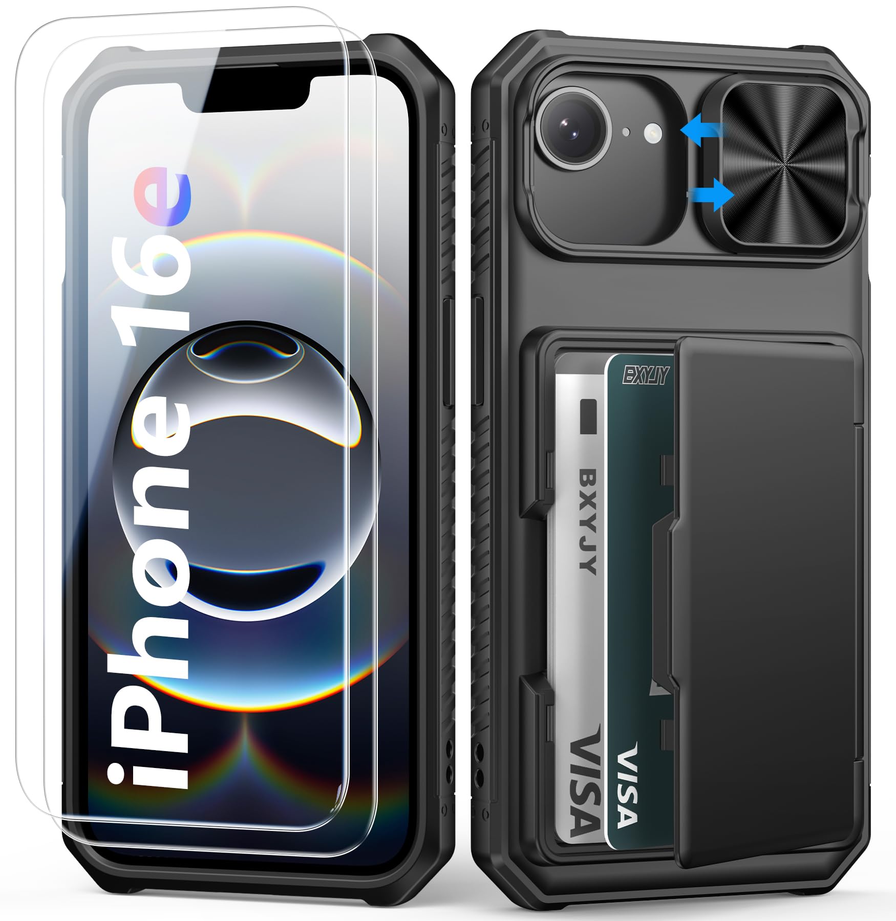 BXYJY for iPhone 15, iPhone 14, iPhone 13 Wallet Case with Card Holder(4-5 Cards), Slide Camera Cover, Military Drop & RFID Protection, Heavy Duty Women Men Phone Case for iPhone 15/14/13, Black