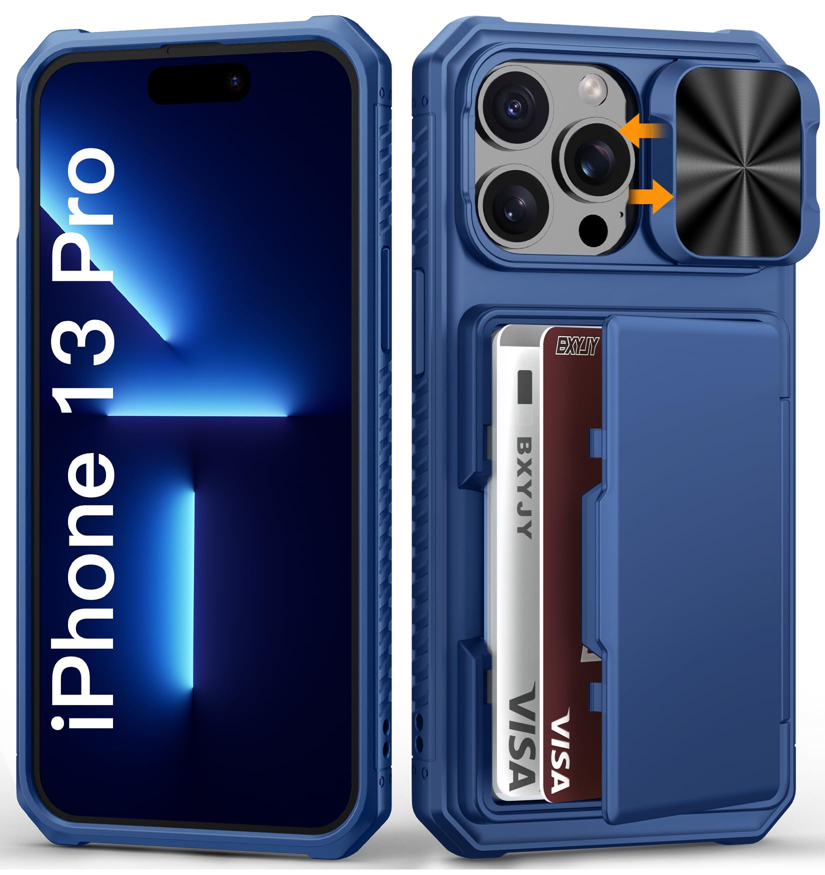 BXYJY for iPhone 15, iPhone 14, iPhone 13 Wallet Case with Card Holder(4-5 Cards), Slide Camera Cover, Military Drop & RFID Protection, Heavy Duty Women Men Phone Case for iPhone 15/14/13, Black
