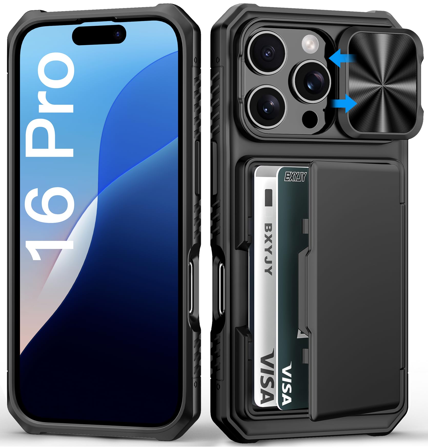 BXYJY for iPhone 15, iPhone 14, iPhone 13 Wallet Case with Card Holder(4-5 Cards), Slide Camera Cover, Military Drop & RFID Protection, Heavy Duty Women Men Phone Case for iPhone 15/14/13, Black