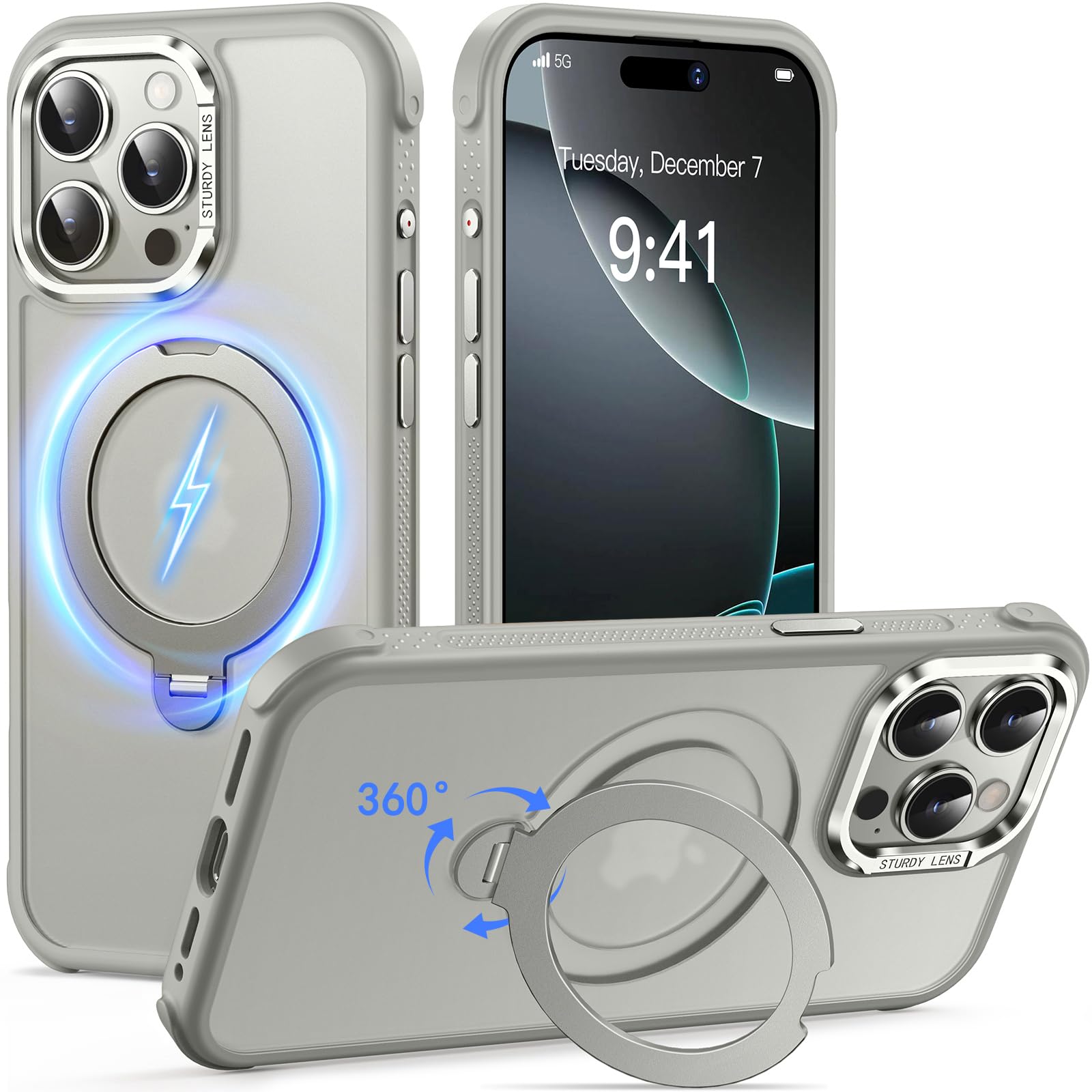 Reukdnv [Invisible 360° Spin Stand Magnetic Ring for iPhone 16 Pro Case [Compatible with MagSafe][Translucent Matte Back] Military Drop Protection Shockproof Cover with Kickstand 6.3", Deep Blue