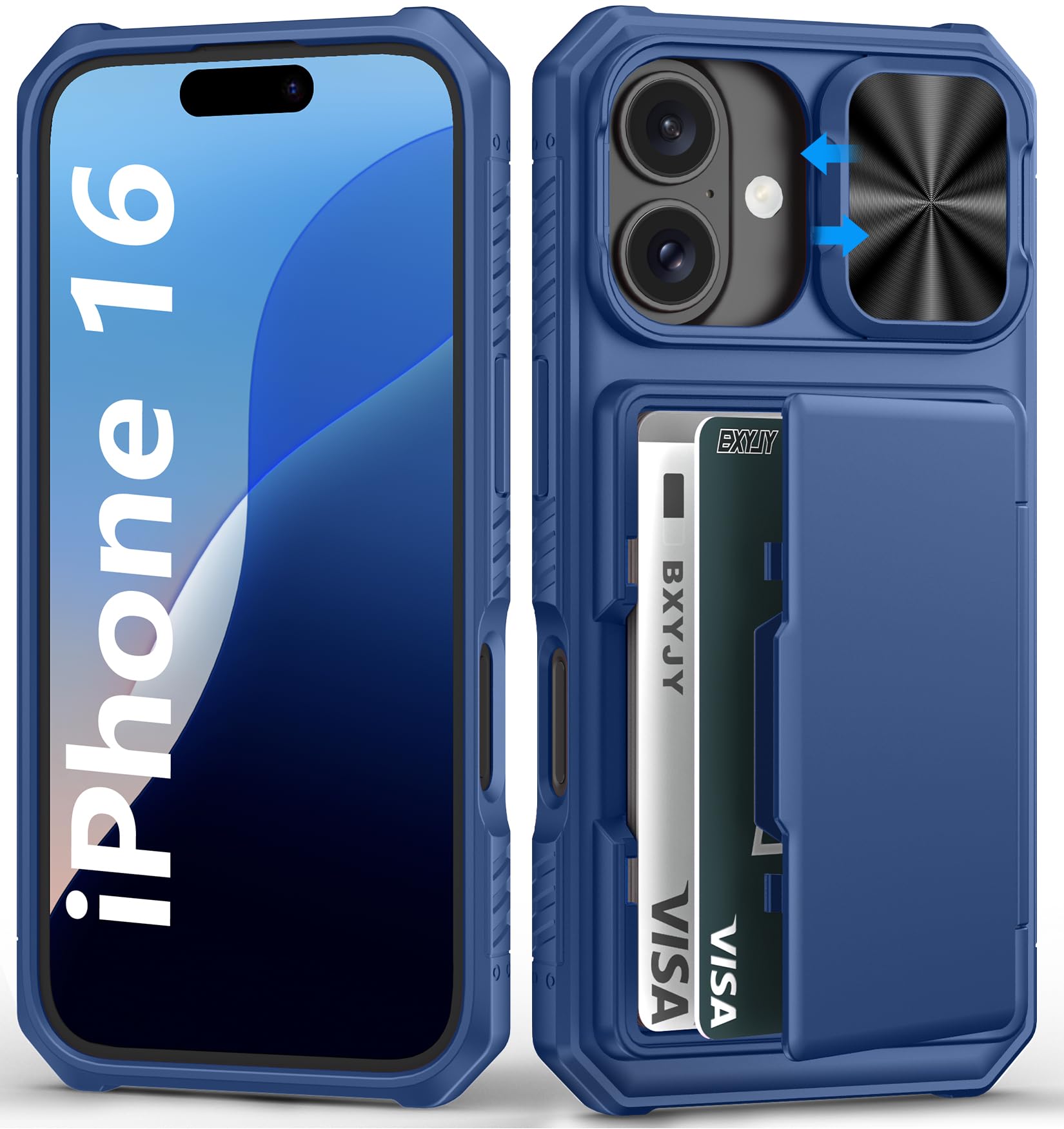BXYJY for iPhone 15, iPhone 14, iPhone 13 Wallet Case with Card Holder(4-5 Cards), Slide Camera Cover, Military Drop & RFID Protection, Heavy Duty Women Men Phone Case for iPhone 15/14/13, Black