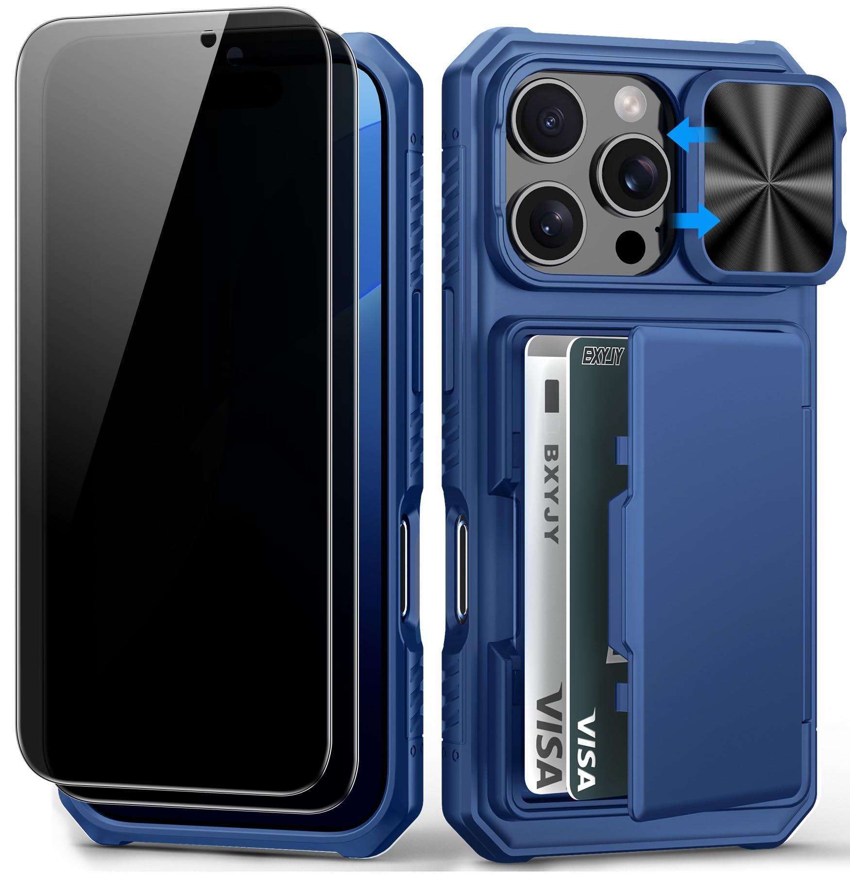 BXYJY for iPhone 15, iPhone 14, iPhone 13 Wallet Case with Card Holder(4-5 Cards), Slide Camera Cover, Military Drop & RFID Protection, Heavy Duty Women Men Phone Case for iPhone 15/14/13, Black
