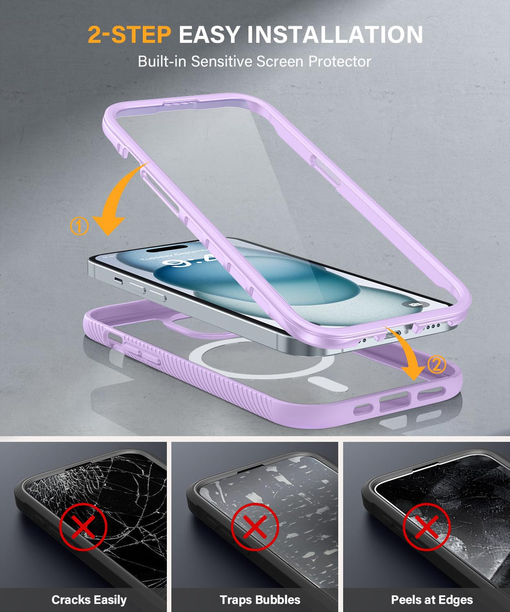 Magnetic for iPhone 15 Case with Built-in Sensitive Screen Protector, Full-Body Dual Front & Back Protective Phone Case [Compatible with MagSafe] Drop Proof 15 Cover 6.1 Inch, Black