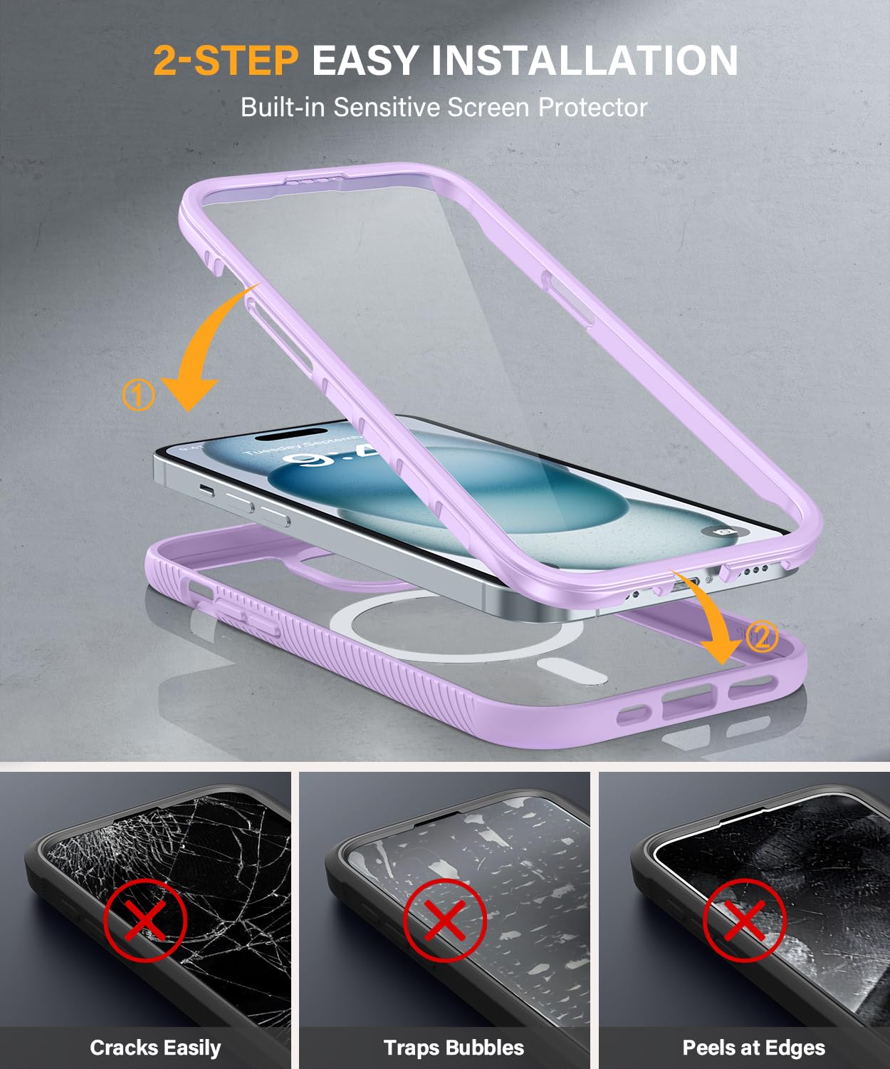 Magnetic for iPhone 15 Case with Built-in Sensitive Screen Protector, Full-Body Dual Front & Back Protective Phone Case [Compatible with MagSafe] Drop Proof 15 Cover 6.1 Inch, Black