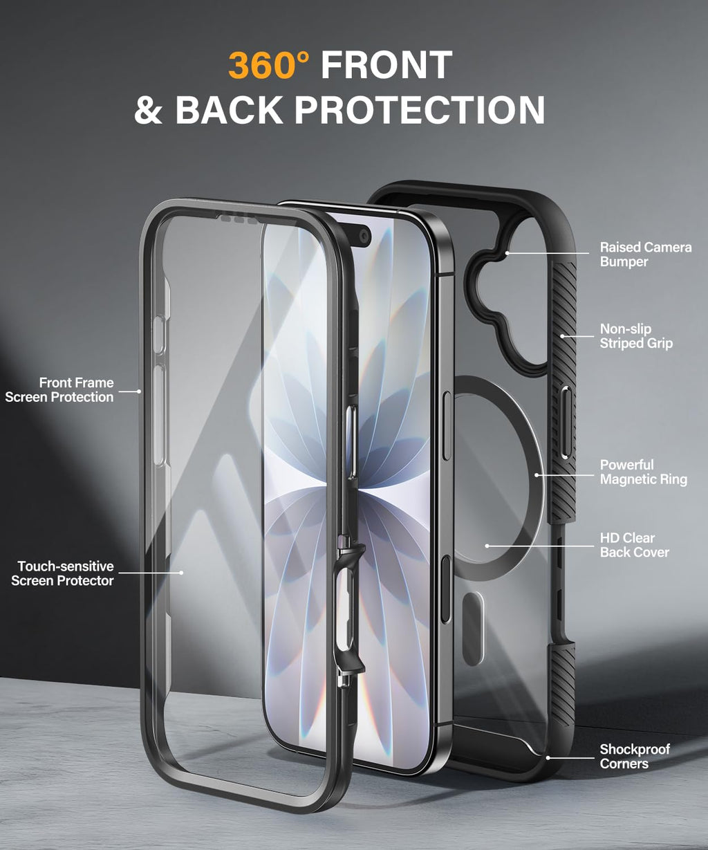 Magnetic for iPhone 15 Case with Built-in Sensitive Screen Protector, Full-Body Dual Front & Back Protective Phone Case [Compatible with MagSafe] Drop Proof 15 Cover 6.1 Inch, Black