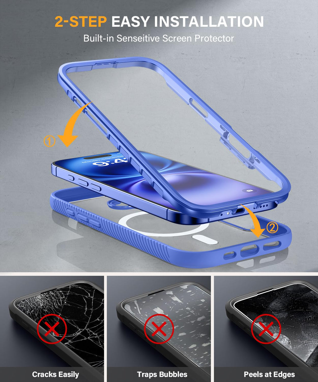 Magnetic for iPhone 15 Case with Built-in Sensitive Screen Protector, Full-Body Dual Front & Back Protective Phone Case [Compatible with MagSafe] Drop Proof 15 Cover 6.1 Inch, Black