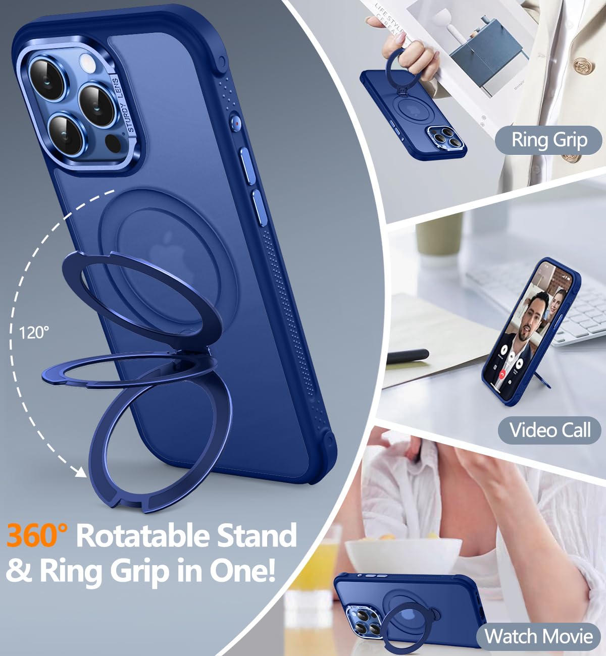 Reukdnv [Invisible 360° Spin Stand Magnetic Ring for iPhone 16 Pro Case [Compatible with MagSafe][Translucent Matte Back] Military Drop Protection Shockproof Cover with Kickstand 6.3", Deep Blue