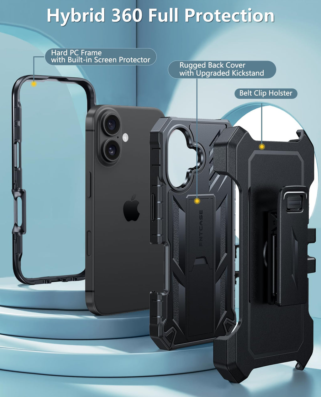 FNTCASE for iPhone 17e Phone Case: for iPhone 16e Case Military Grade Rugged Case with Kickstand & Holster | Shockproof TPU Protection Bumper Matte Textured Design | Heavy Duty Protector Black