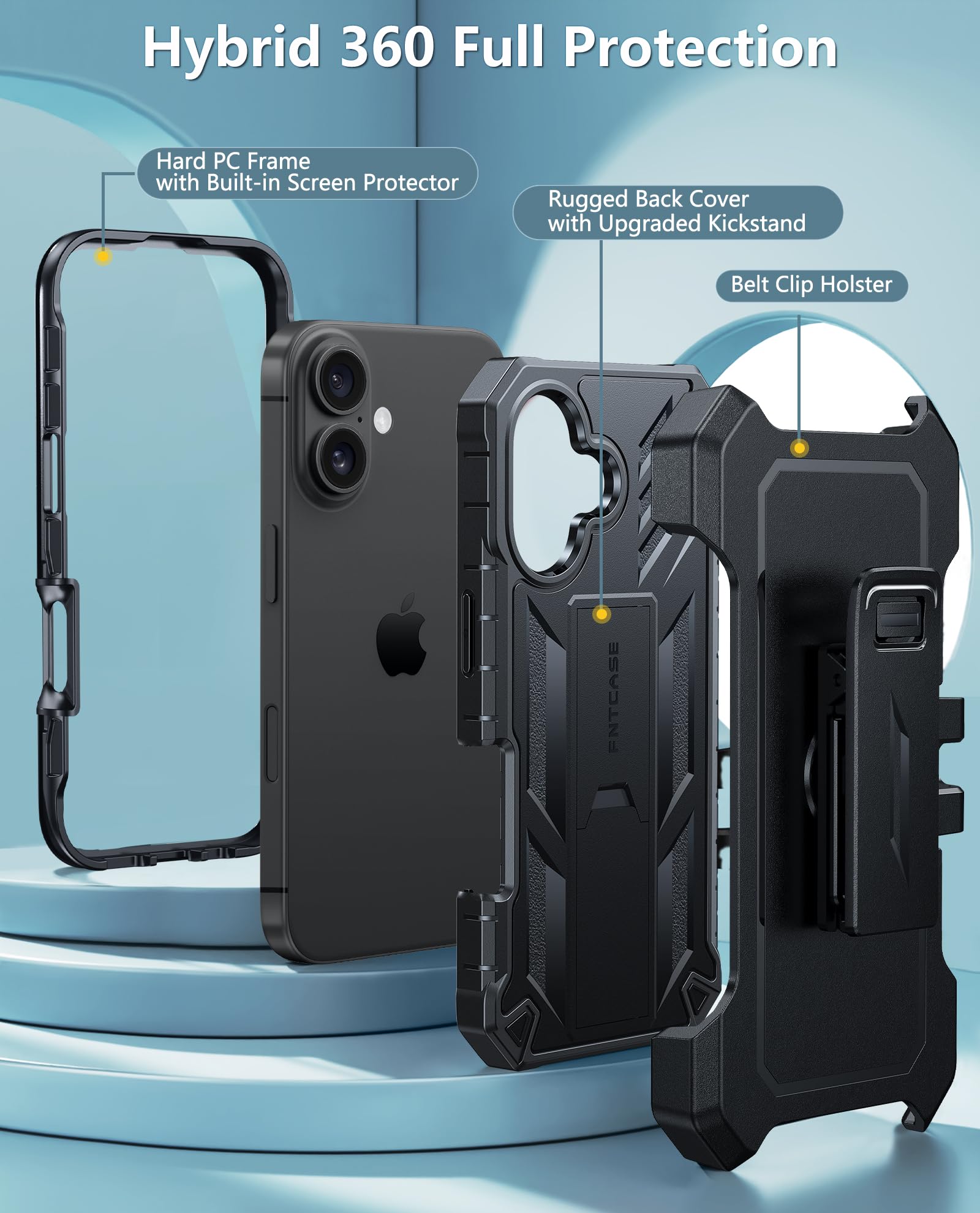 FNTCASE for iPhone 17e Phone Case: for iPhone 16e Case Military Grade Rugged Case with Kickstand & Holster | Shockproof TPU Protection Bumper Matte Textured Design | Heavy Duty Protector Black
