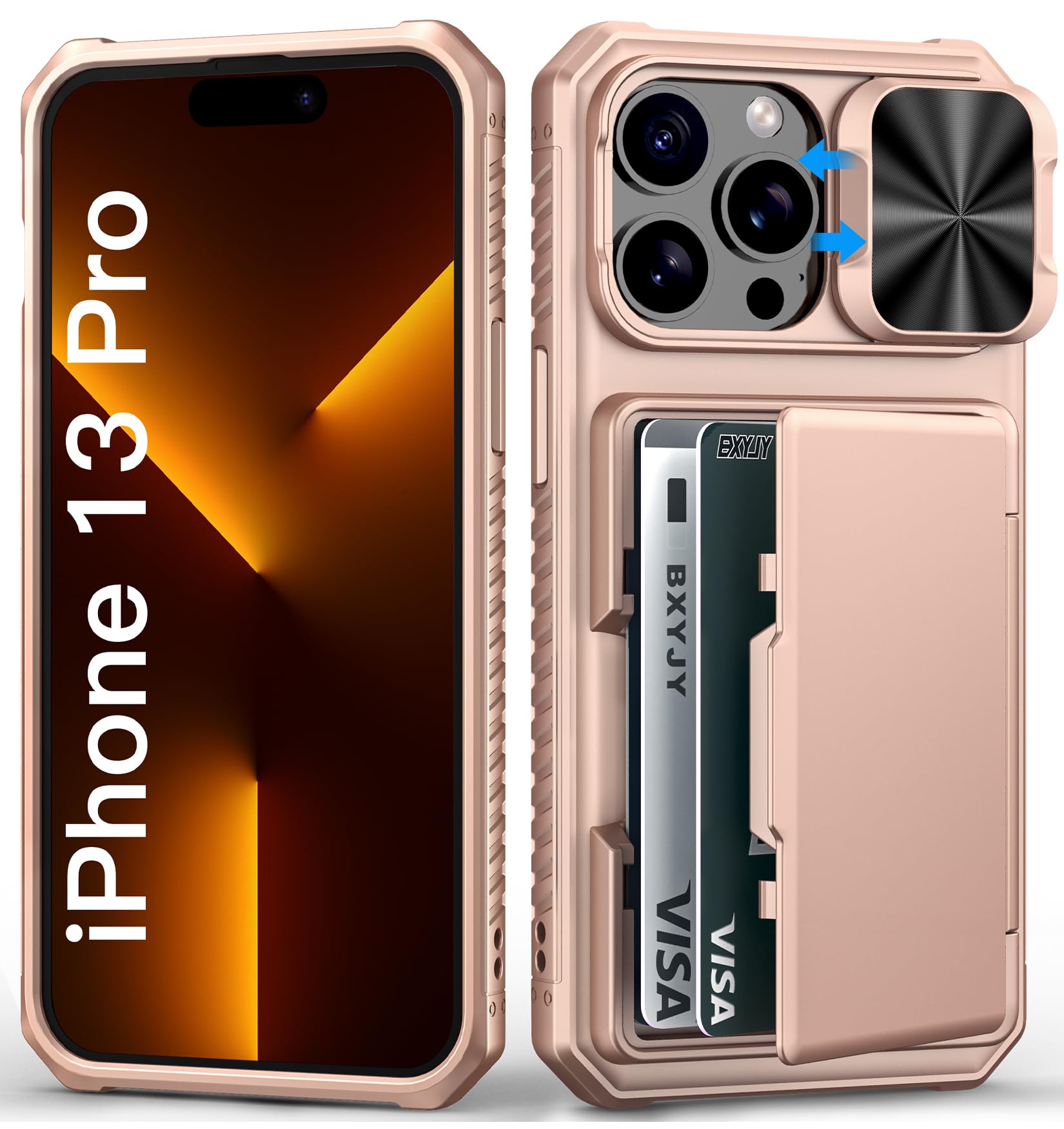 BXYJY for iPhone 15, iPhone 14, iPhone 13 Wallet Case with Card Holder(4-5 Cards), Slide Camera Cover, Military Drop & RFID Protection, Heavy Duty Women Men Phone Case for iPhone 15/14/13, Black