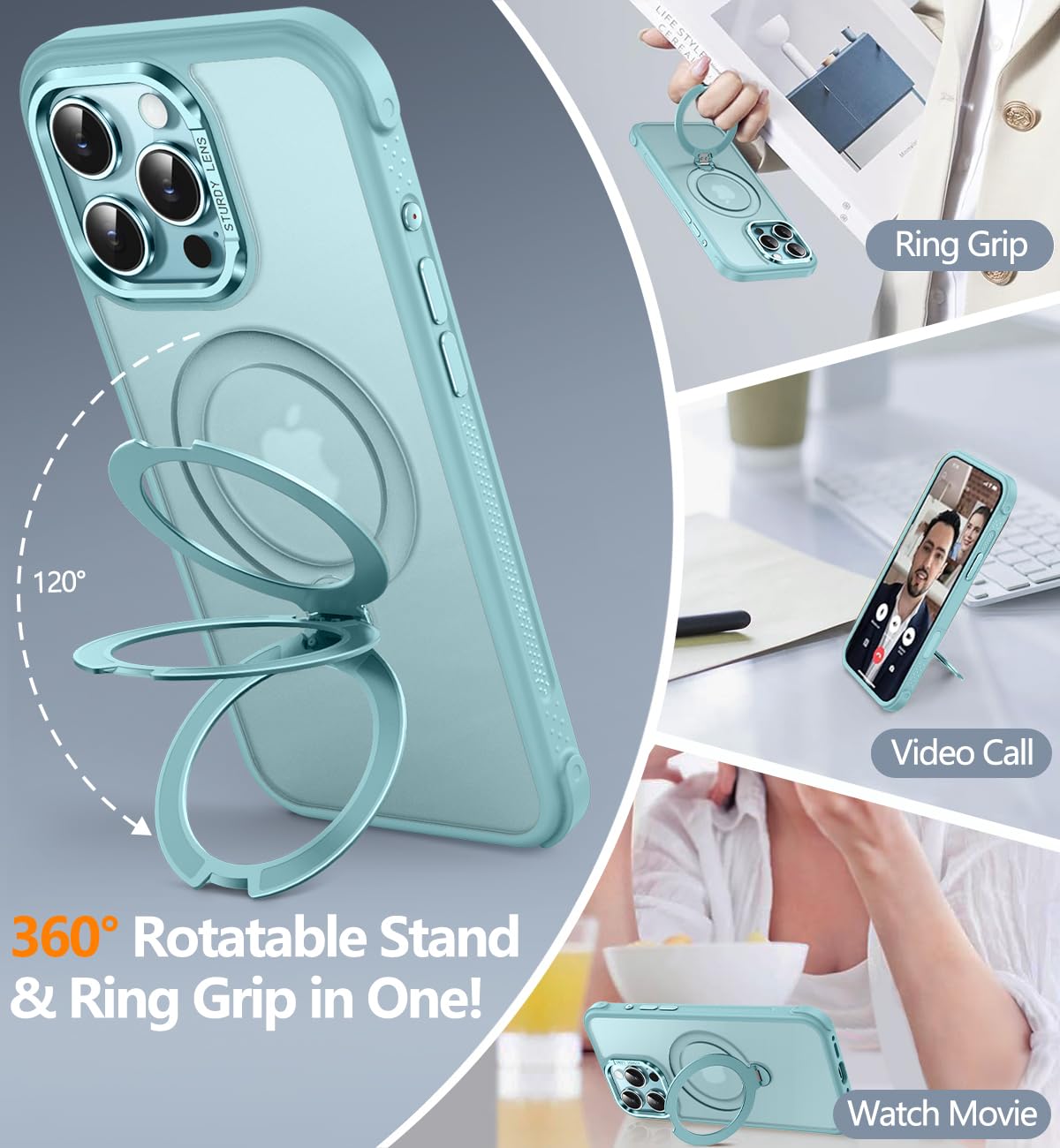 Reukdnv [Invisible 360° Spin Stand Magnetic Ring for iPhone 16 Pro Case [Compatible with MagSafe][Translucent Matte Back] Military Drop Protection Shockproof Cover with Kickstand 6.3", Deep Blue
