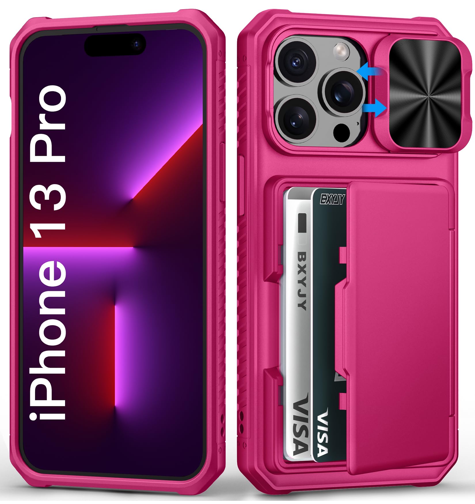 BXYJY for iPhone 15, iPhone 14, iPhone 13 Wallet Case with Card Holder(4-5 Cards), Slide Camera Cover, Military Drop & RFID Protection, Heavy Duty Women Men Phone Case for iPhone 15/14/13, Black