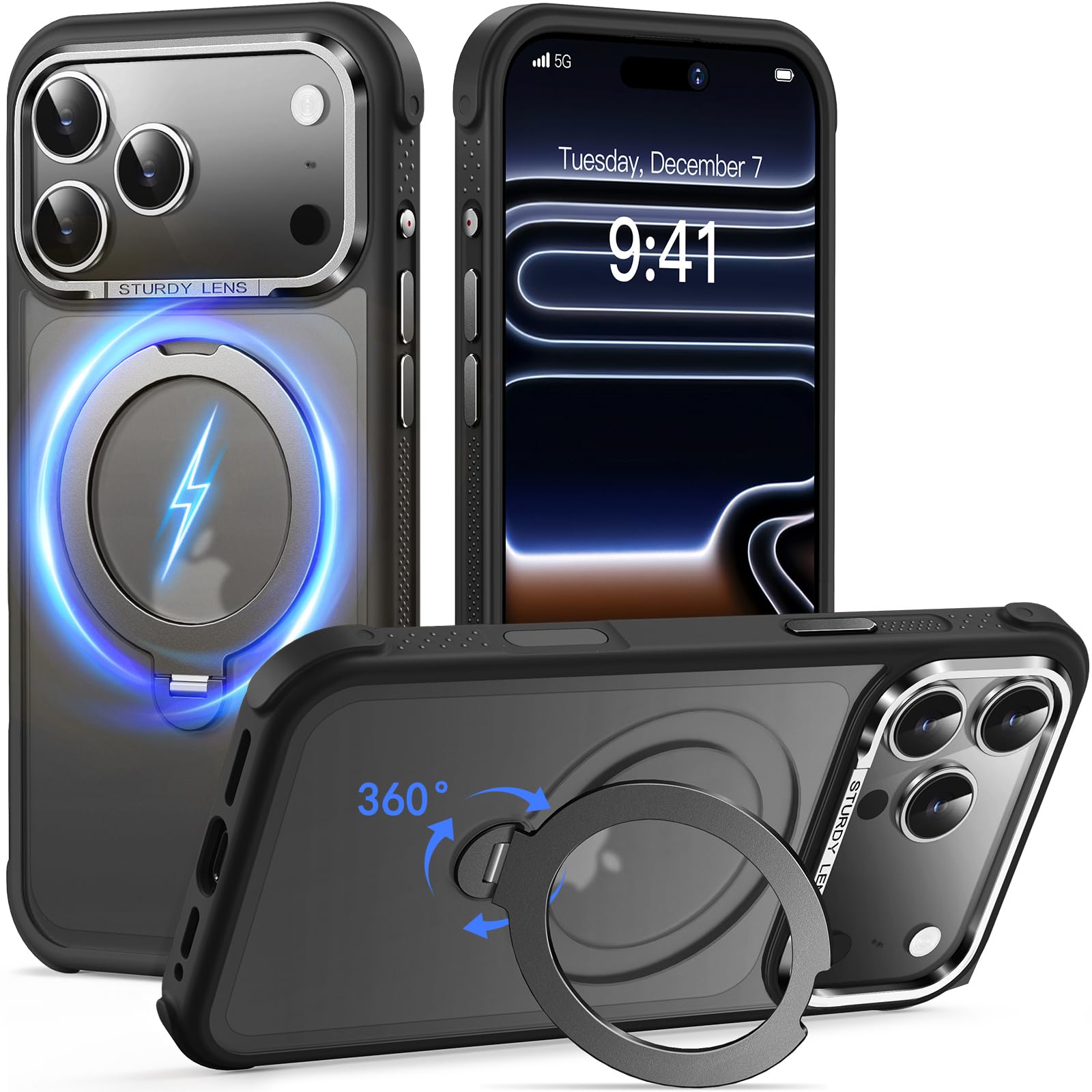 Reukdnv [Invisible 360° Spin Stand Magnetic Ring for iPhone 16 Pro Case [Compatible with MagSafe][Translucent Matte Back] Military Drop Protection Shockproof Cover with Kickstand 6.3", Deep Blue