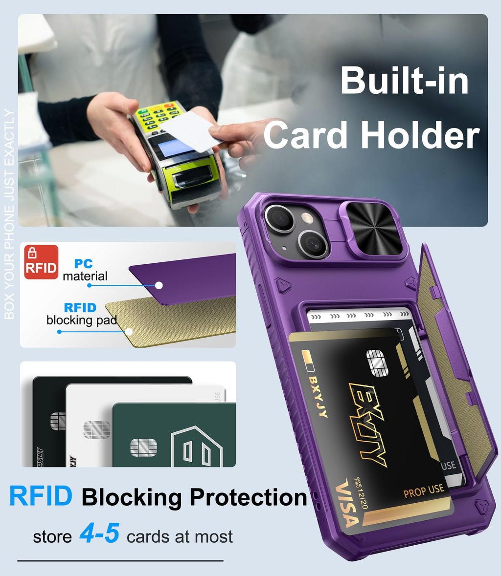 BXYJY for iPhone 15, iPhone 14, iPhone 13 Wallet Case with Card Holder(4-5 Cards), Slide Camera Cover, Military Drop & RFID Protection, Heavy Duty Women Men Phone Case for iPhone 15/14/13, Black