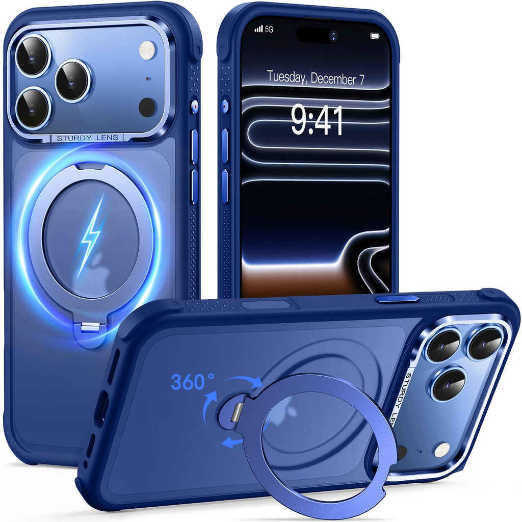 Reukdnv [Invisible 360° Spin Stand Magnetic Ring for iPhone 16 Pro Case [Compatible with MagSafe][Translucent Matte Back] Military Drop Protection Shockproof Cover with Kickstand 6.3", Deep Blue