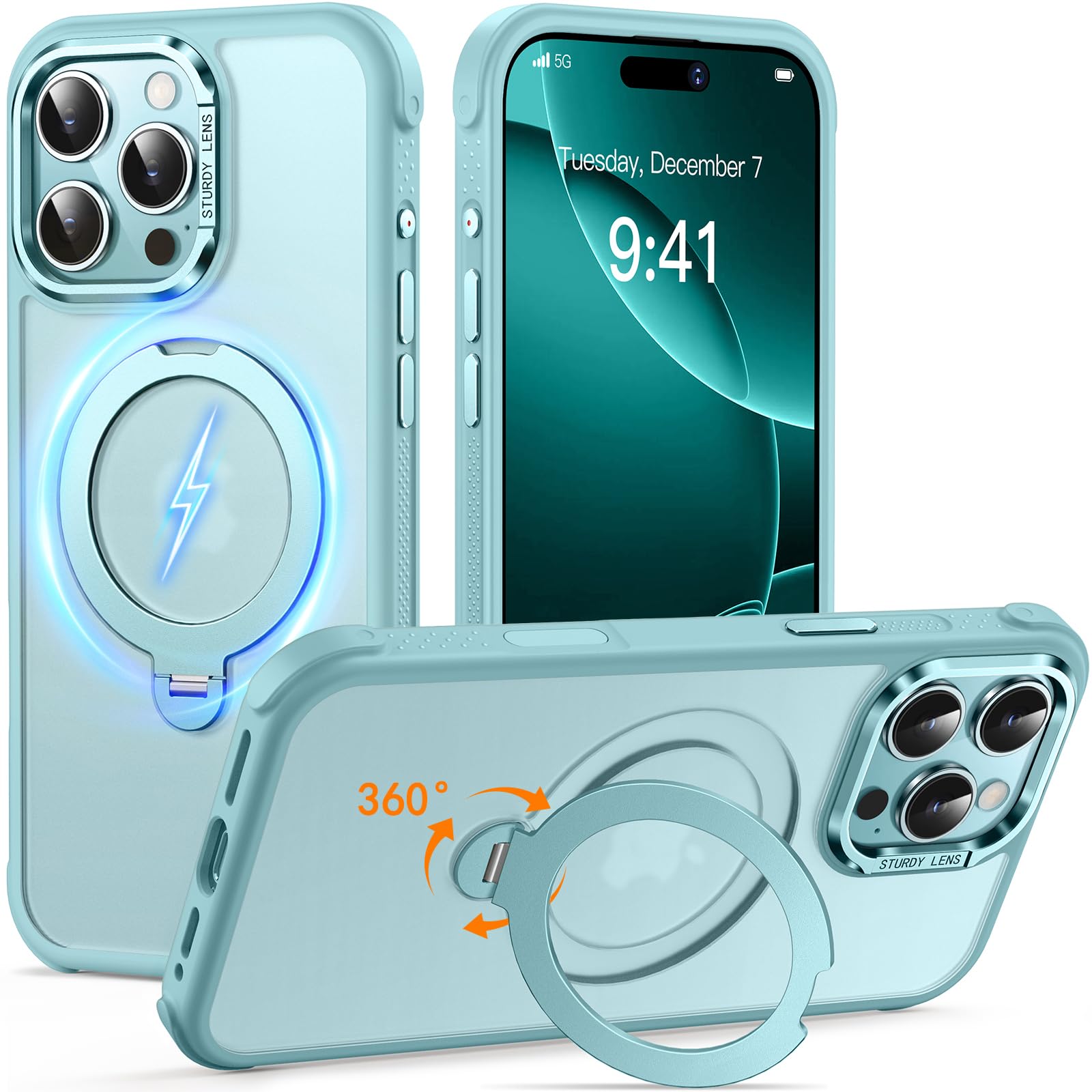 Reukdnv [Invisible 360° Spin Stand Magnetic Ring for iPhone 16 Pro Case [Compatible with MagSafe][Translucent Matte Back] Military Drop Protection Shockproof Cover with Kickstand 6.3", Deep Blue