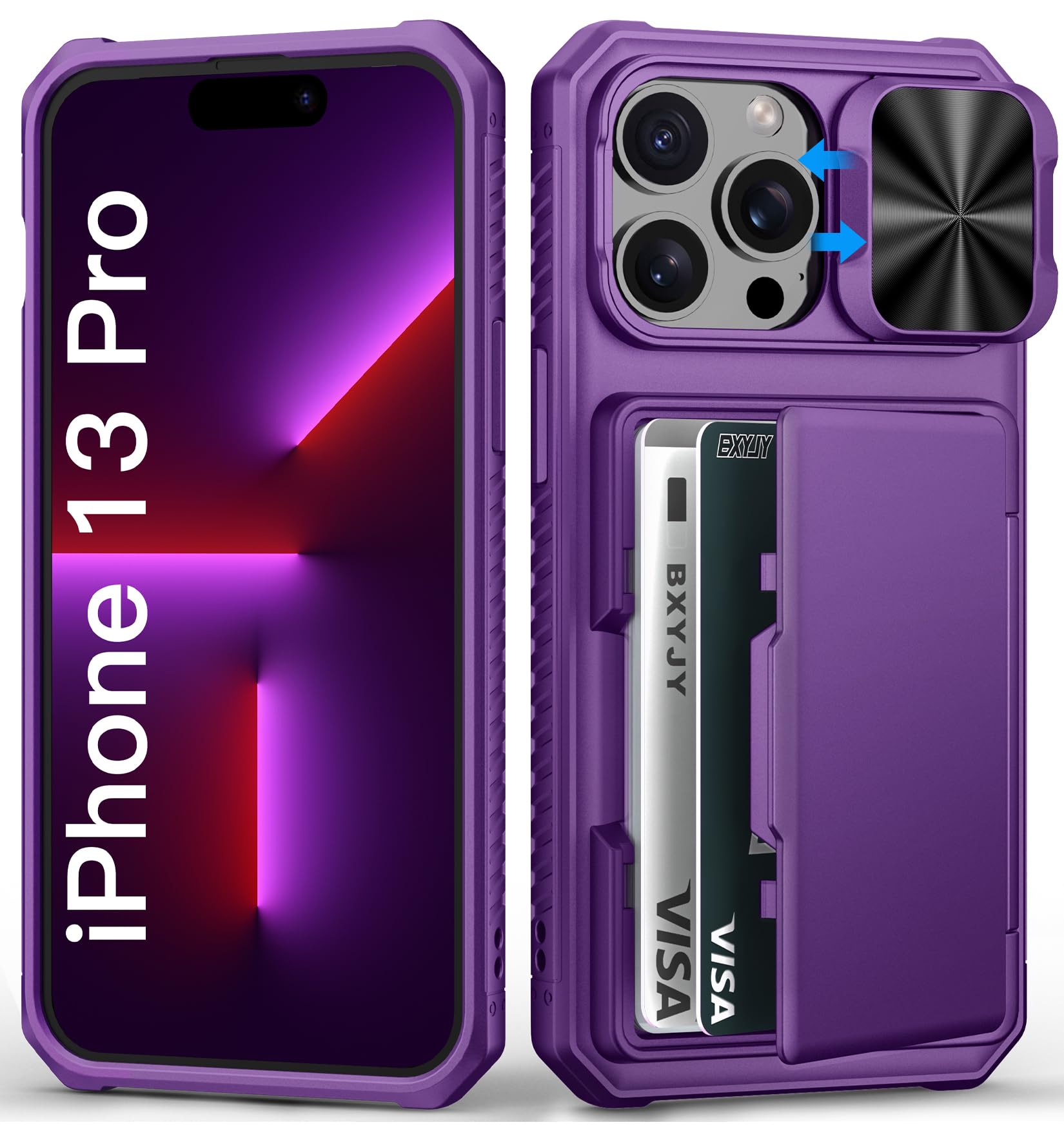 BXYJY for iPhone 15, iPhone 14, iPhone 13 Wallet Case with Card Holder(4-5 Cards), Slide Camera Cover, Military Drop & RFID Protection, Heavy Duty Women Men Phone Case for iPhone 15/14/13, Black
