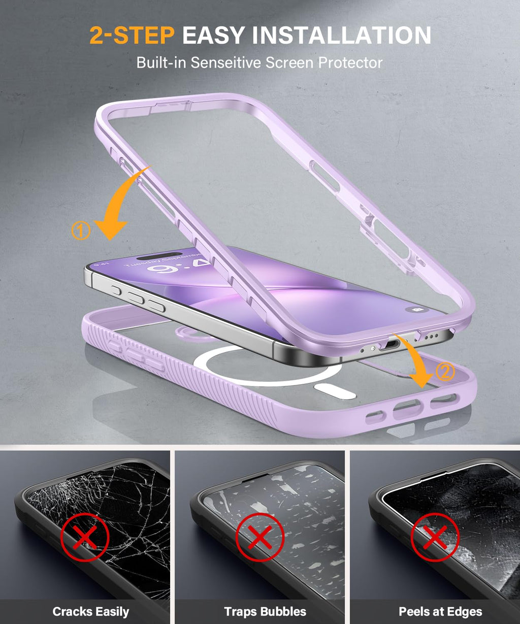Magnetic for iPhone 15 Case with Built-in Sensitive Screen Protector, Full-Body Dual Front & Back Protective Phone Case [Compatible with MagSafe] Drop Proof 15 Cover 6.1 Inch, Black