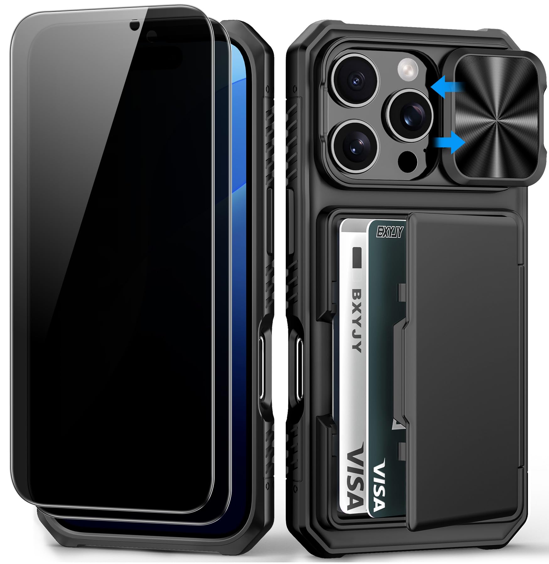 BXYJY for iPhone 15, iPhone 14, iPhone 13 Wallet Case with Card Holder(4-5 Cards), Slide Camera Cover, Military Drop & RFID Protection, Heavy Duty Women Men Phone Case for iPhone 15/14/13, Black
