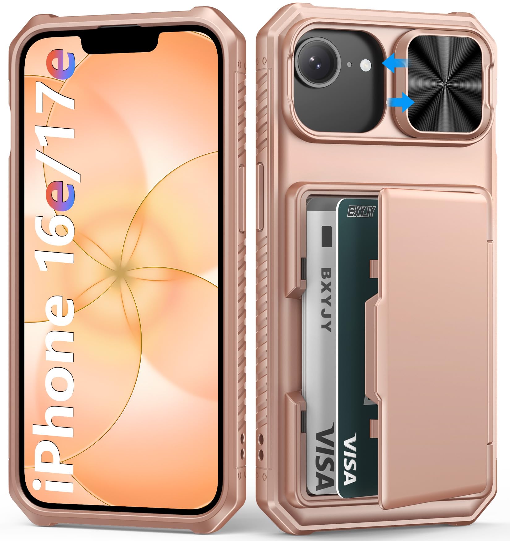 BXYJY for iPhone 15, iPhone 14, iPhone 13 Wallet Case with Card Holder(4-5 Cards), Slide Camera Cover, Military Drop & RFID Protection, Heavy Duty Women Men Phone Case for iPhone 15/14/13, Black
