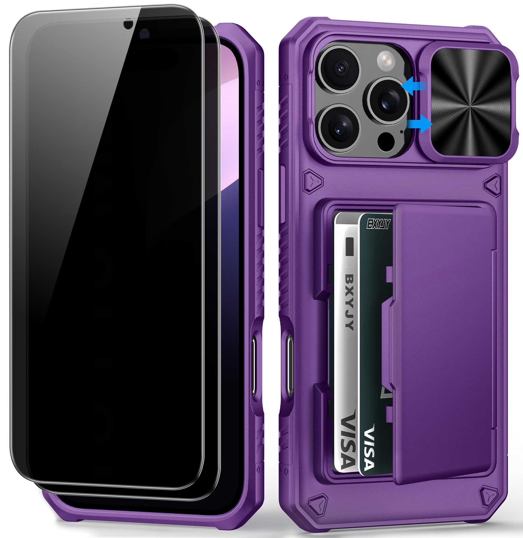 BXYJY for iPhone 15, iPhone 14, iPhone 13 Wallet Case with Card Holder(4-5 Cards), Slide Camera Cover, Military Drop & RFID Protection, Heavy Duty Women Men Phone Case for iPhone 15/14/13, Black