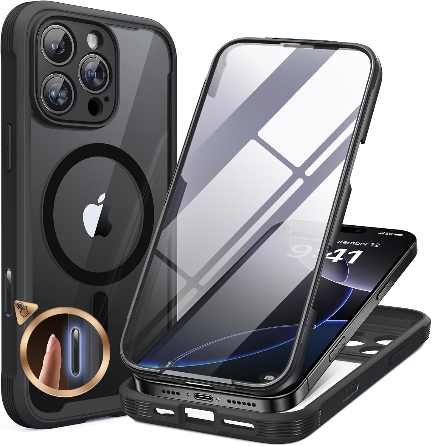 Miracase for iPhone 16 Case 6.1'', Full-Body Bumper Phone case with Built-in Full Glass Screen &Camera Control,No Gap,Compatible with MagSafe,Drop Proof 16 Cover,Black