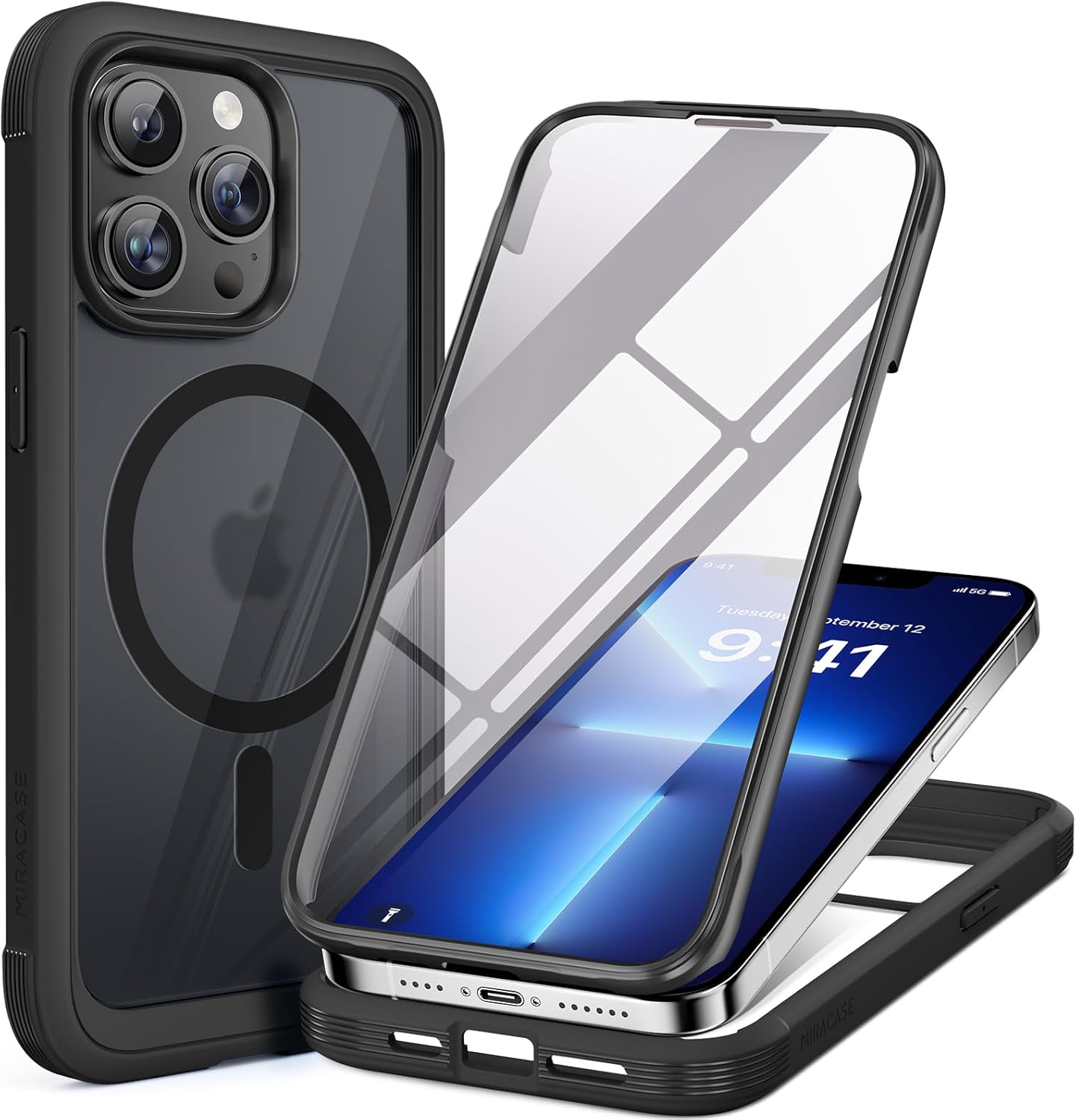 Miracase for iPhone 16 Case 6.1'', Full-Body Bumper Phone case with Built-in Full Glass Screen &Camera Control,No Gap,Compatible with MagSafe,Drop Proof 16 Cover,Black