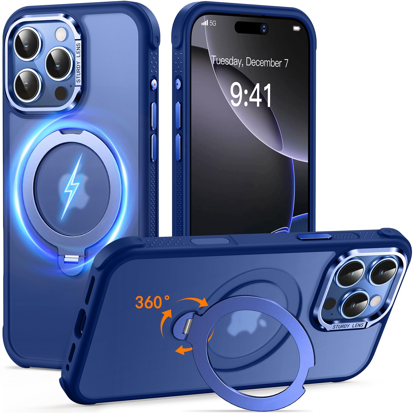 Reukdnv [Invisible 360° Spin Stand Magnetic Ring for iPhone 16 Pro Case [Compatible with MagSafe][Translucent Matte Back] Military Drop Protection Shockproof Cover with Kickstand 6.3", Deep Blue