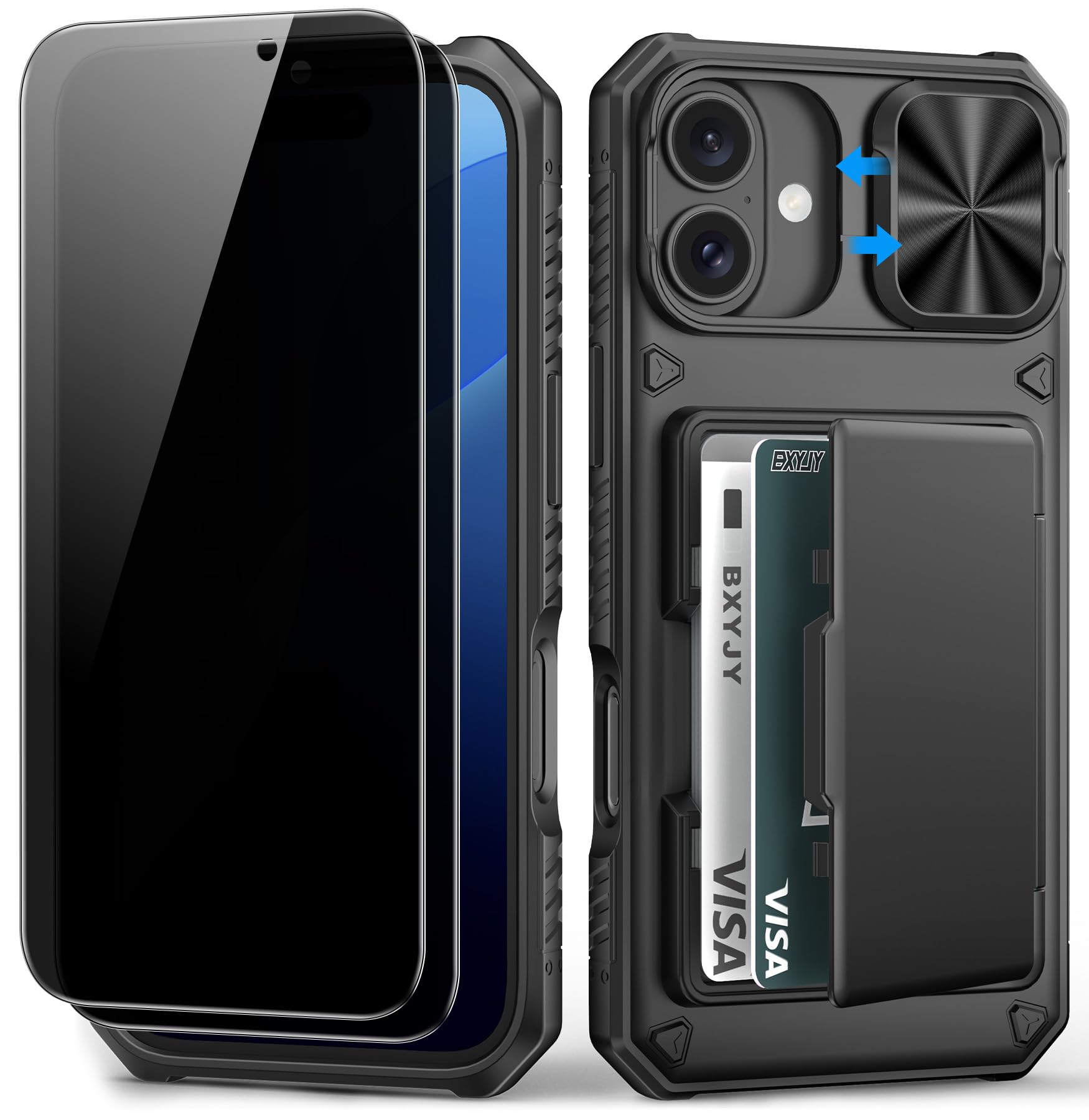 BXYJY for iPhone 15, iPhone 14, iPhone 13 Wallet Case with Card Holder(4-5 Cards), Slide Camera Cover, Military Drop & RFID Protection, Heavy Duty Women Men Phone Case for iPhone 15/14/13, Black