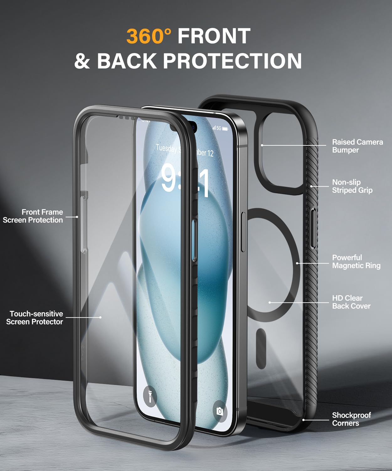 Magnetic for iPhone 15 Case with Built-in Sensitive Screen Protector, Full-Body Dual Front & Back Protective Phone Case [Compatible with MagSafe] Drop Proof 15 Cover 6.1 Inch, Black