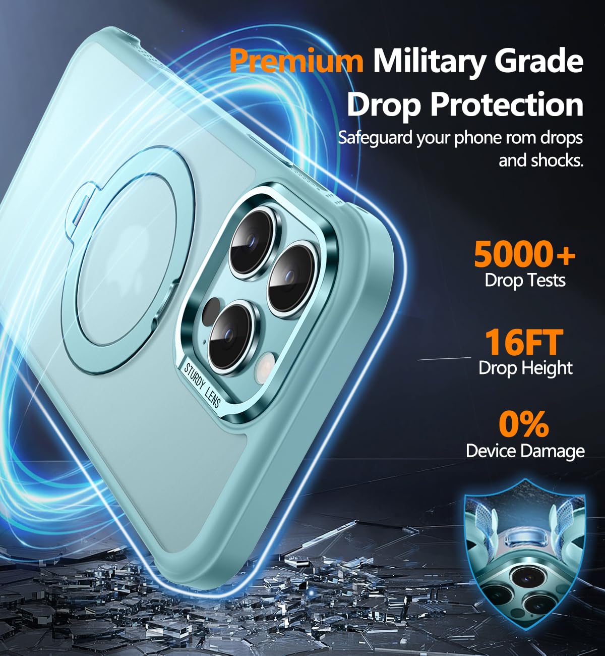 Reukdnv [Invisible 360° Spin Stand Magnetic Ring for iPhone 16 Pro Case [Compatible with MagSafe][Translucent Matte Back] Military Drop Protection Shockproof Cover with Kickstand 6.3", Deep Blue