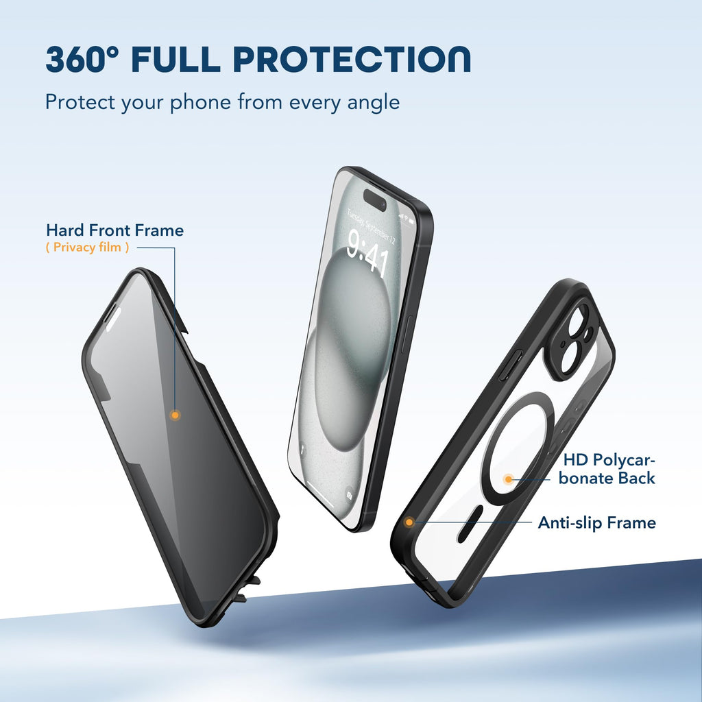 TIESZEN for iPhone 15 Case, Compatible with MagSafe, Built-in Privacy Screen Protector and Camera Protection, Anti Spy Full Body Dustproof Shockproof Hard Phone Case 6.1", Black