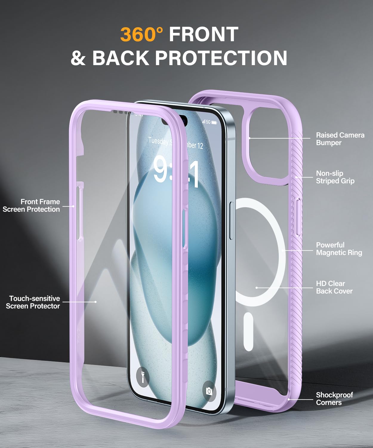 Magnetic for iPhone 15 Case with Built-in Sensitive Screen Protector, Full-Body Dual Front & Back Protective Phone Case [Compatible with MagSafe] Drop Proof 15 Cover 6.1 Inch, Black