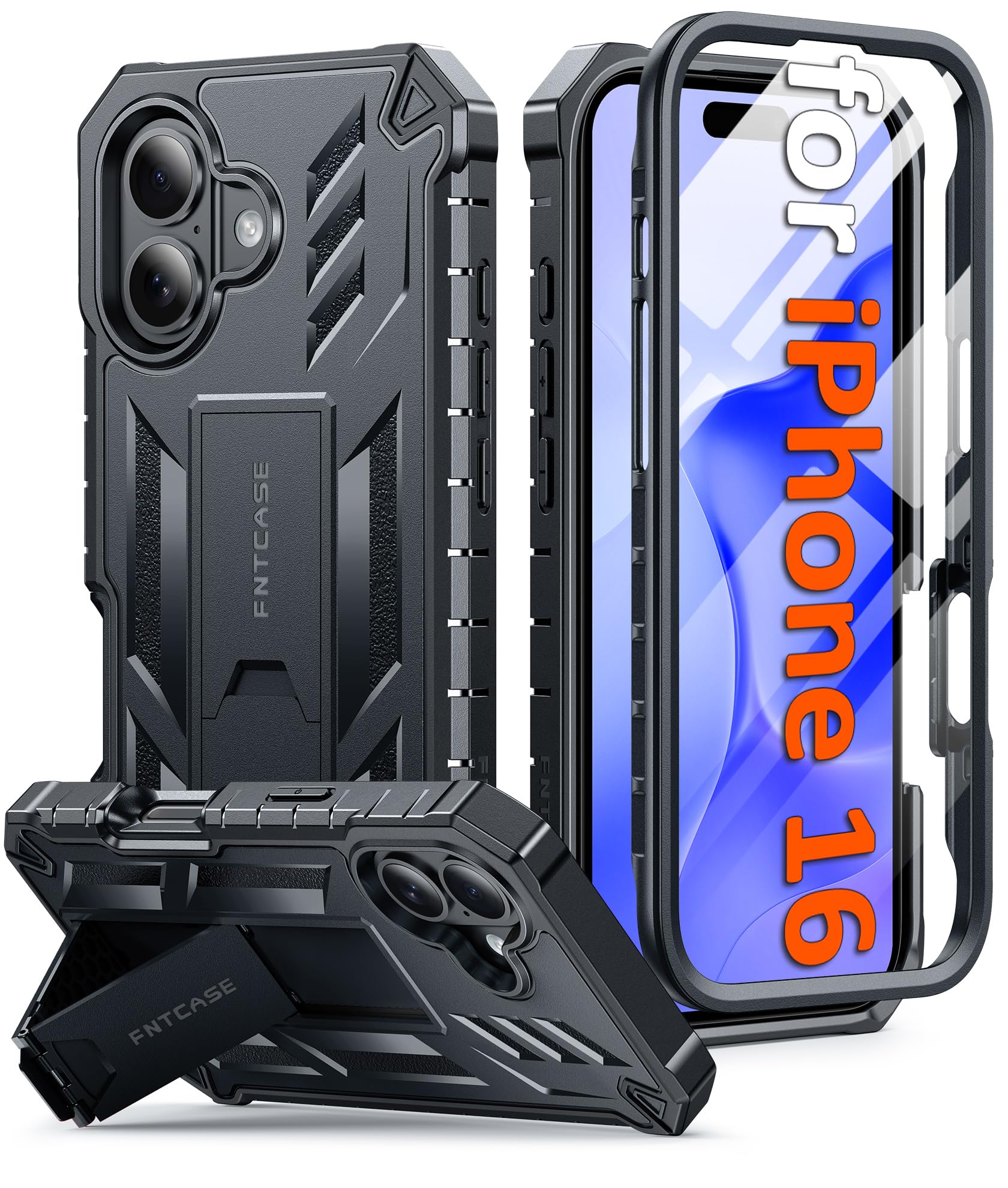 FNTCASE for iPhone 17e Phone Case: for iPhone 16e Case Military Grade Rugged Case with Kickstand & Holster | Shockproof TPU Protection Bumper Matte Textured Design | Heavy Duty Protector Black