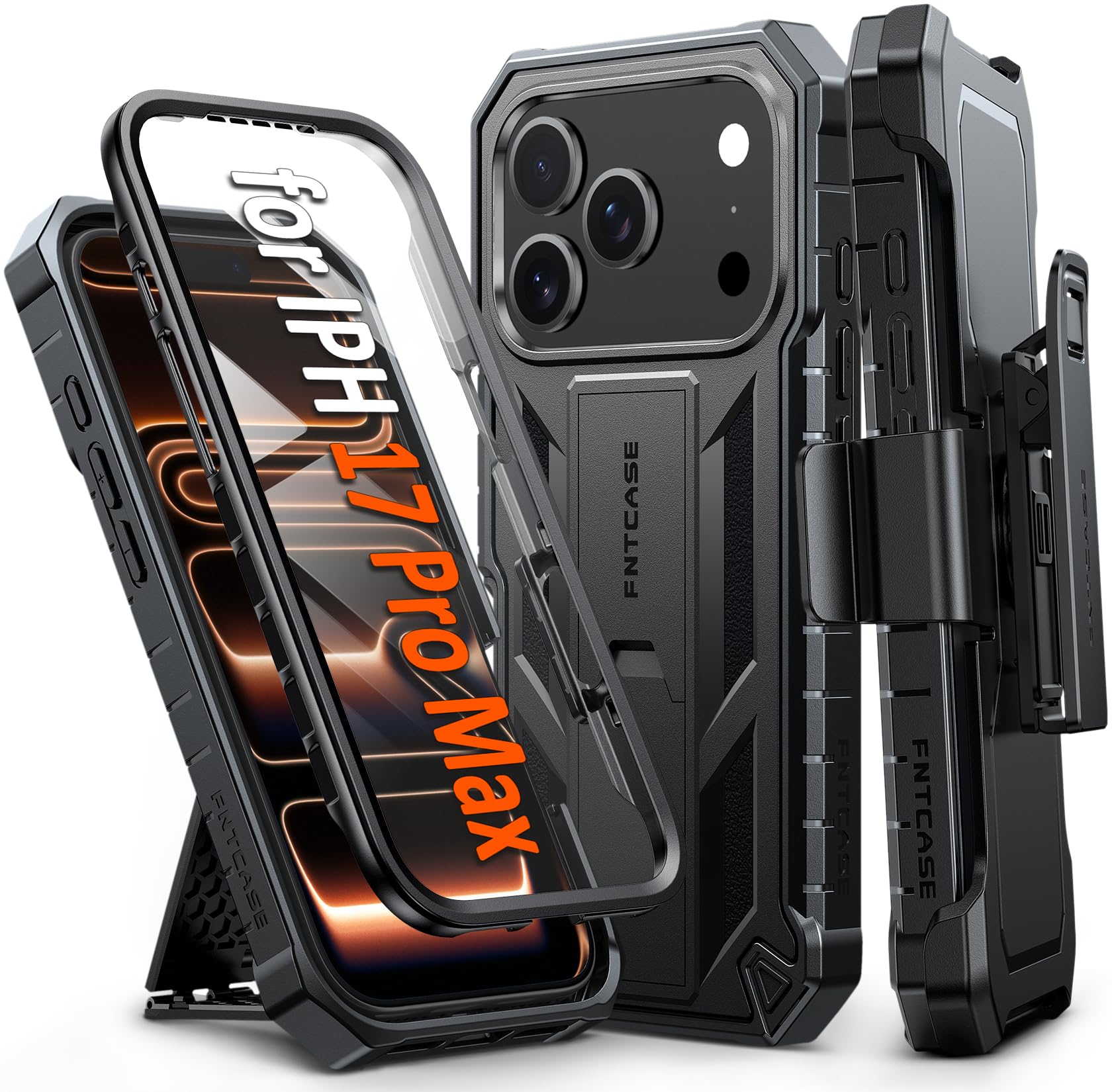 FNTCASE for iPhone 17e Phone Case: for iPhone 16e Case Military Grade Rugged Case with Kickstand & Holster | Shockproof TPU Protection Bumper Matte Textured Design | Heavy Duty Protector Black