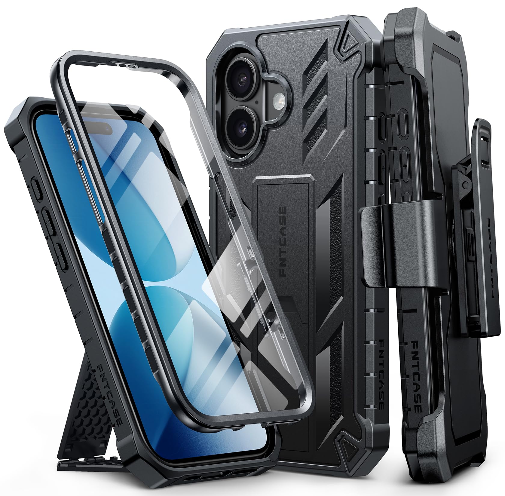 FNTCASE for iPhone 17e Phone Case: for iPhone 16e Case Military Grade Rugged Case with Kickstand & Holster | Shockproof TPU Protection Bumper Matte Textured Design | Heavy Duty Protector Black