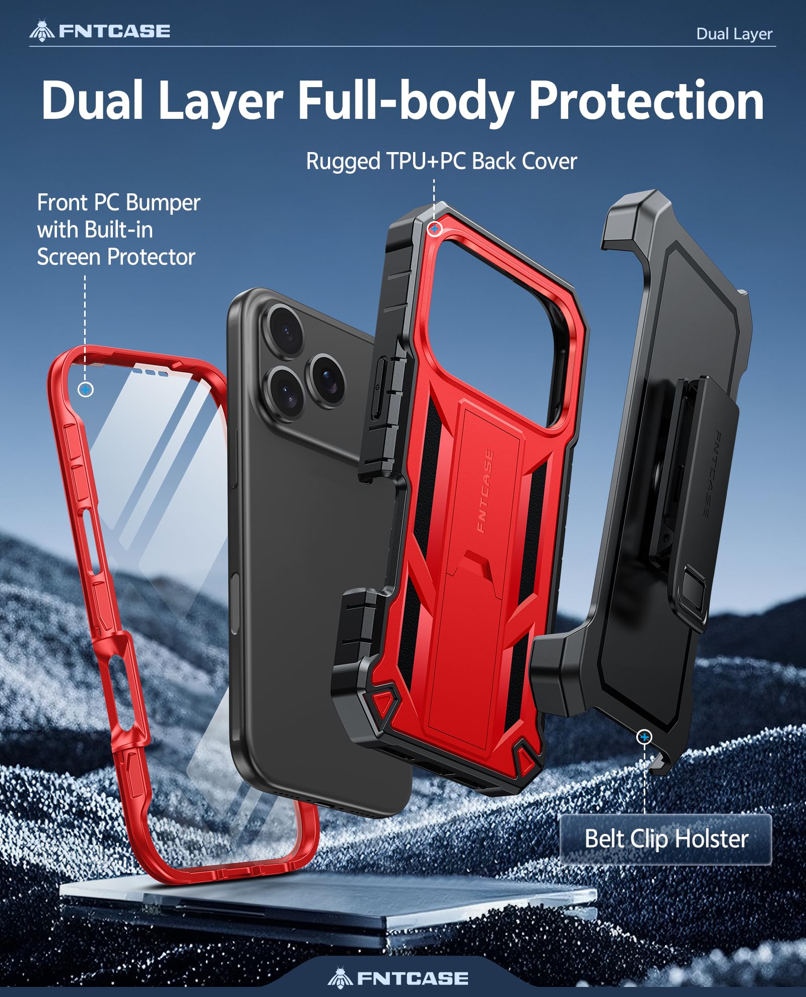 FNTCASE for iPhone 17e Phone Case: for iPhone 16e Case Military Grade Rugged Case with Kickstand & Holster | Shockproof TPU Protection Bumper Matte Textured Design | Heavy Duty Protector Black