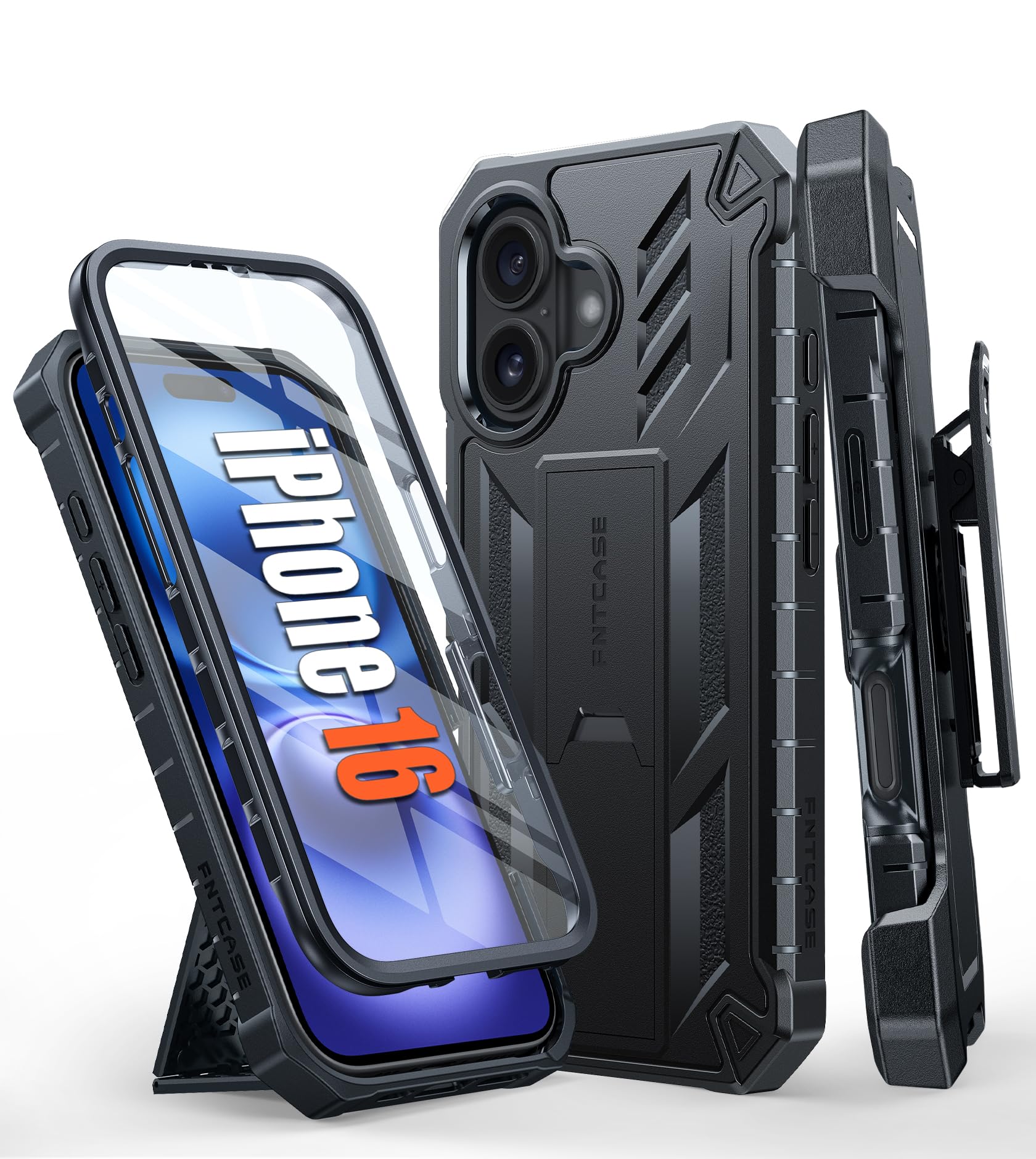 FNTCASE for iPhone 17e Phone Case: for iPhone 16e Case Military Grade Rugged Case with Kickstand & Holster | Shockproof TPU Protection Bumper Matte Textured Design | Heavy Duty Protector Black
