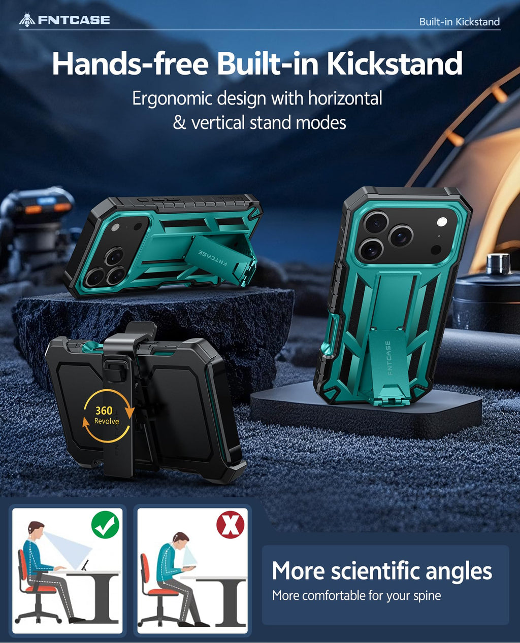 FNTCASE for iPhone 17e Phone Case: for iPhone 16e Case Military Grade Rugged Case with Kickstand & Holster | Shockproof TPU Protection Bumper Matte Textured Design | Heavy Duty Protector Black