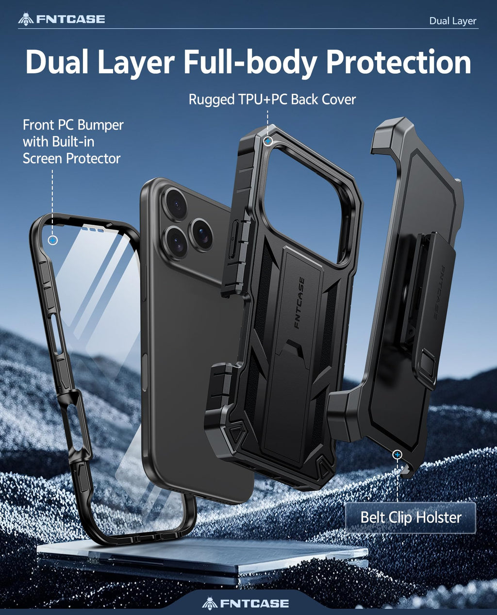 FNTCASE for iPhone 17e Phone Case: for iPhone 16e Case Military Grade Rugged Case with Kickstand & Holster | Shockproof TPU Protection Bumper Matte Textured Design | Heavy Duty Protector Black