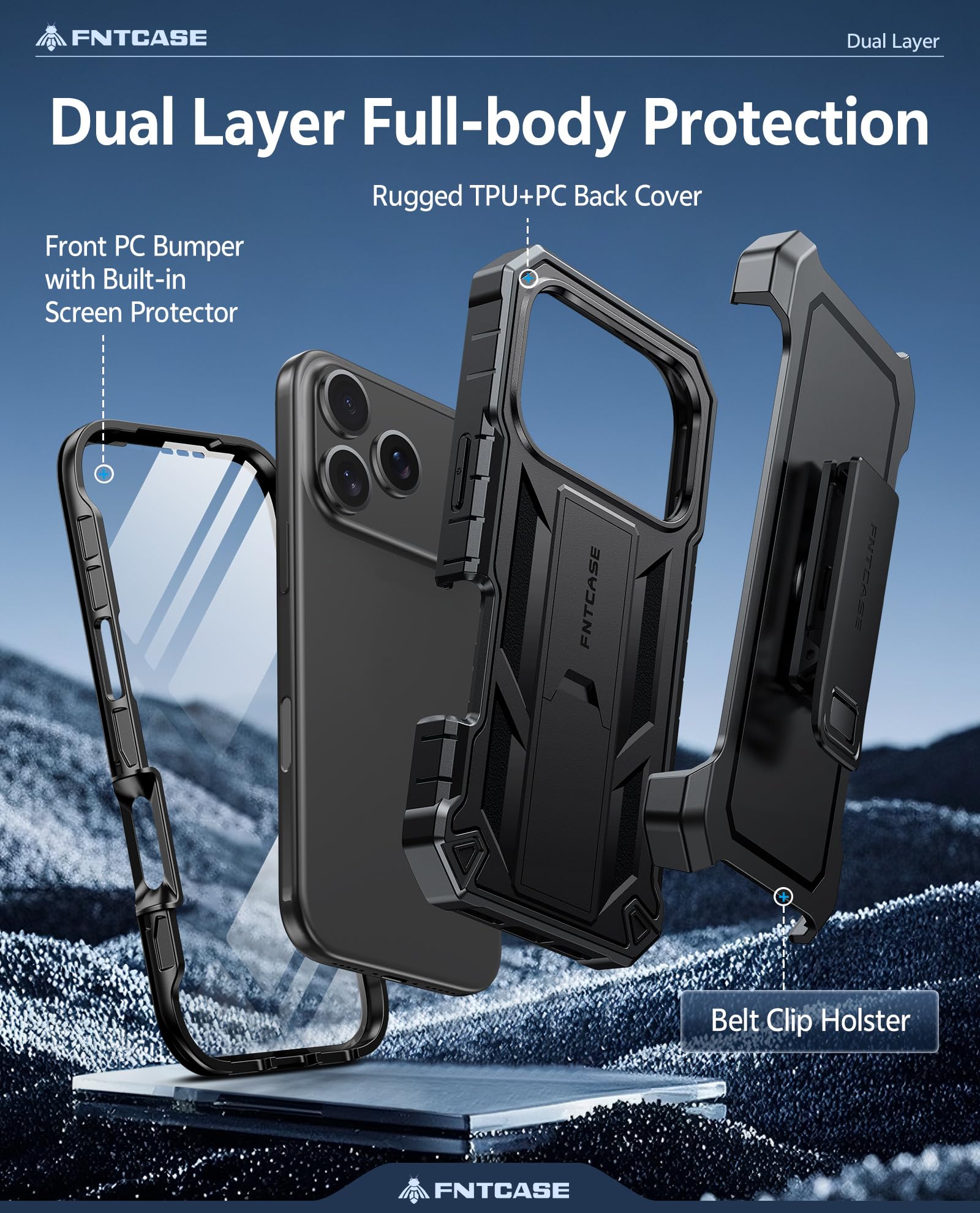 FNTCASE for iPhone 17e Phone Case: for iPhone 16e Case Military Grade Rugged Case with Kickstand & Holster | Shockproof TPU Protection Bumper Matte Textured Design | Heavy Duty Protector Black