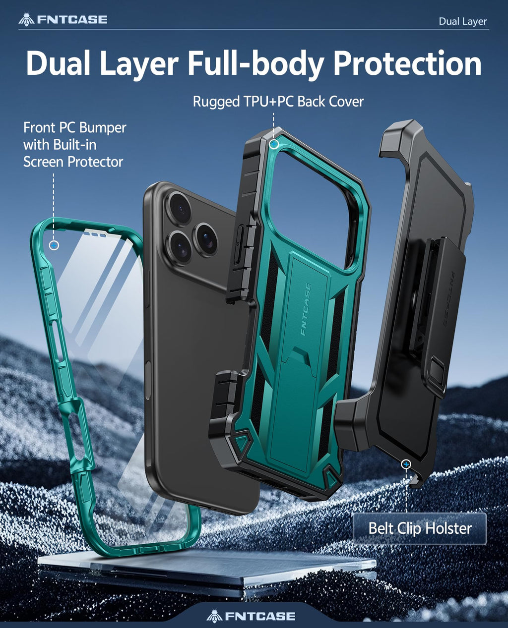 FNTCASE for iPhone 17e Phone Case: for iPhone 16e Case Military Grade Rugged Case with Kickstand & Holster | Shockproof TPU Protection Bumper Matte Textured Design | Heavy Duty Protector Black