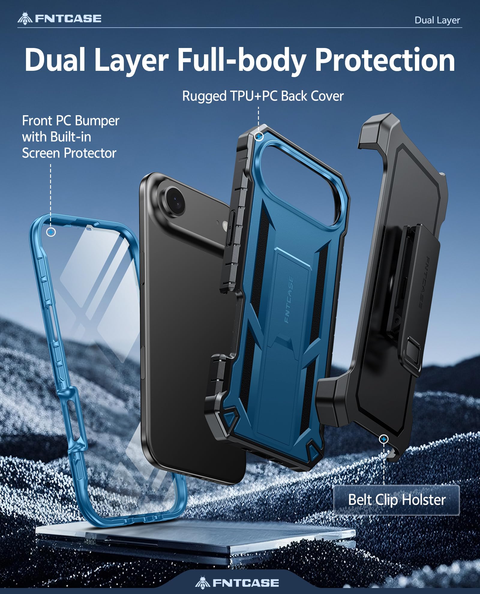 FNTCASE for iPhone 17e Phone Case: for iPhone 16e Case Military Grade Rugged Case with Kickstand & Holster | Shockproof TPU Protection Bumper Matte Textured Design | Heavy Duty Protector Black