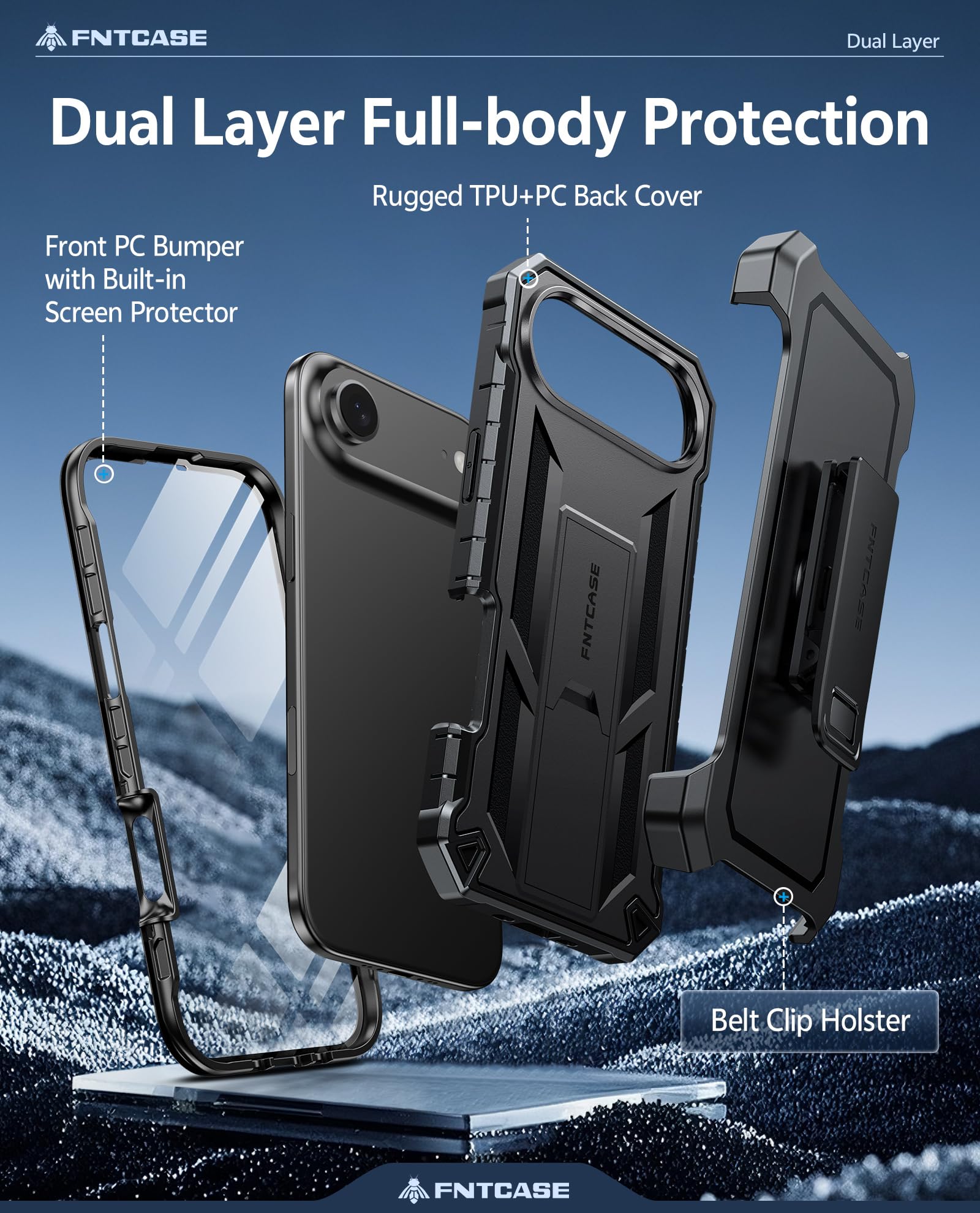 FNTCASE for iPhone 17e Phone Case: for iPhone 16e Case Military Grade Rugged Case with Kickstand & Holster | Shockproof TPU Protection Bumper Matte Textured Design | Heavy Duty Protector Black